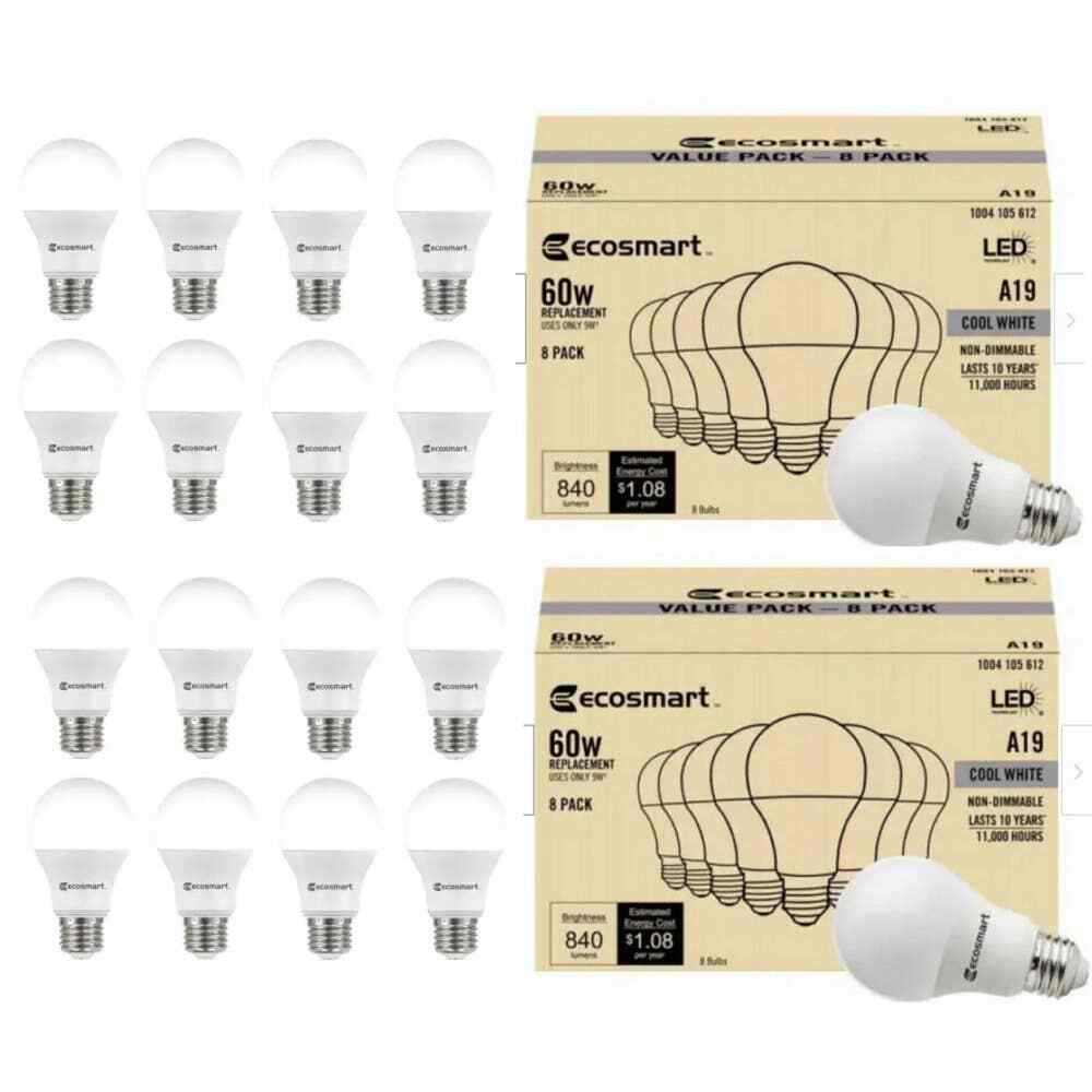 (16 PK) EcoSmart 9W 60W Equivalent Cool White A19 Non-Dimmable LED Light Bulbs