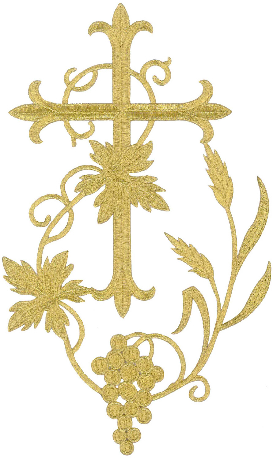 Fleur Cross - Grapevine - Gold Metallic - Embroidered Iron On Applique Patch 12" Fleur Cross - Grapevine - Gold Metallic - Embroidered Iron On Applique Patch 12"