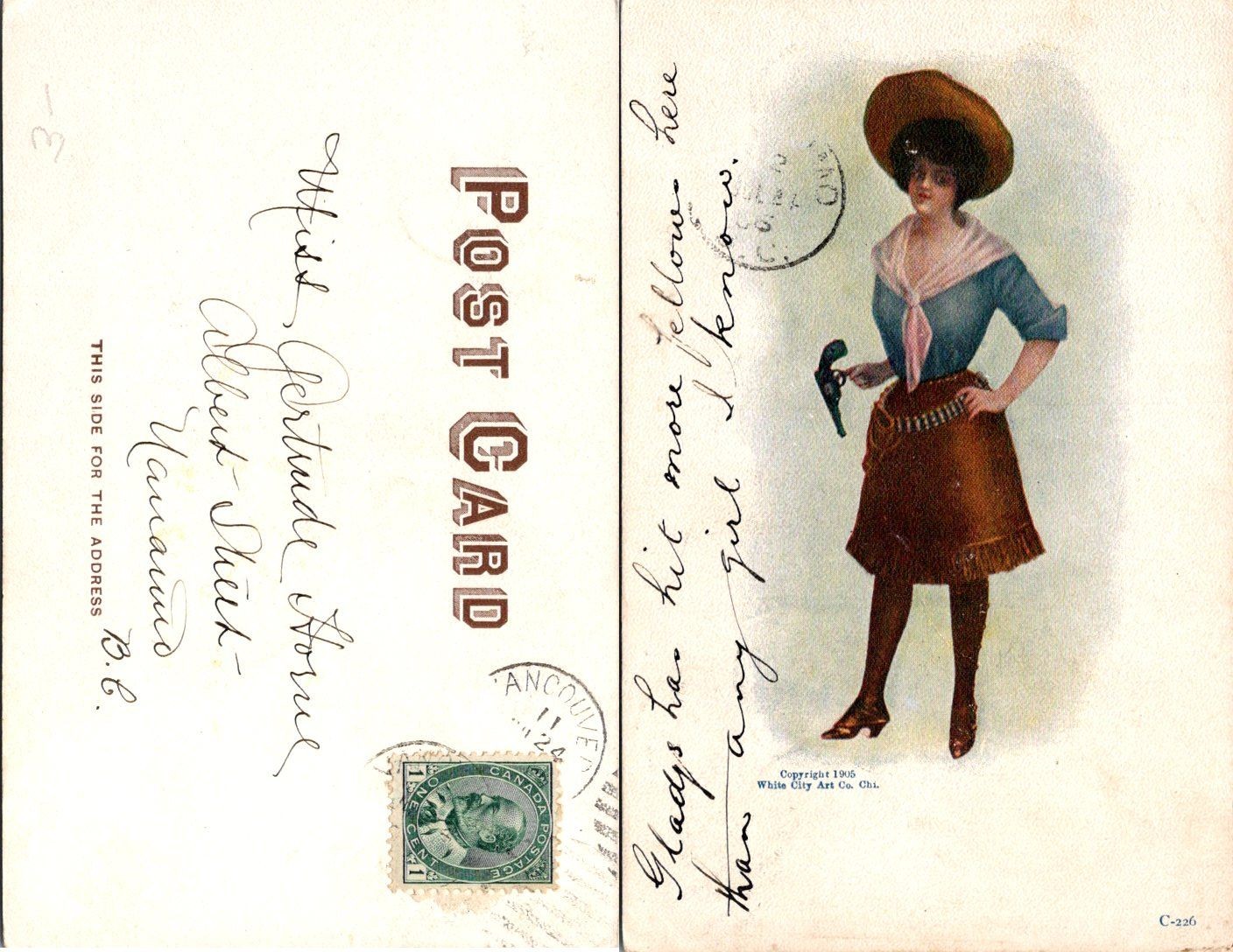 White City Art Co Postcard Vintage 1905 Western Girl C-226 Postmarked Vancouver White City Art Co Postcard Vintage 1905 Western Girl C-226 Postmarked Vancouver