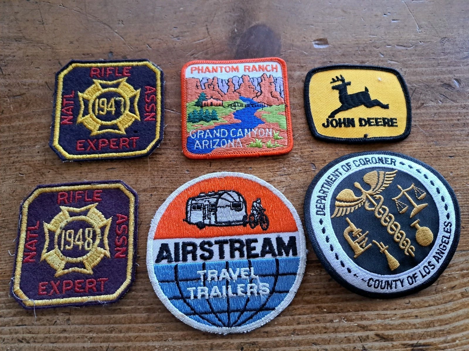 6 Vintage Patches Airstream/John Deere/Grand Canyon/L A. Coroner/NRA 1940's 6 Vintage Patches Airstream/John Deere/Grand Canyon/L A. Coroner/NRA 1940's