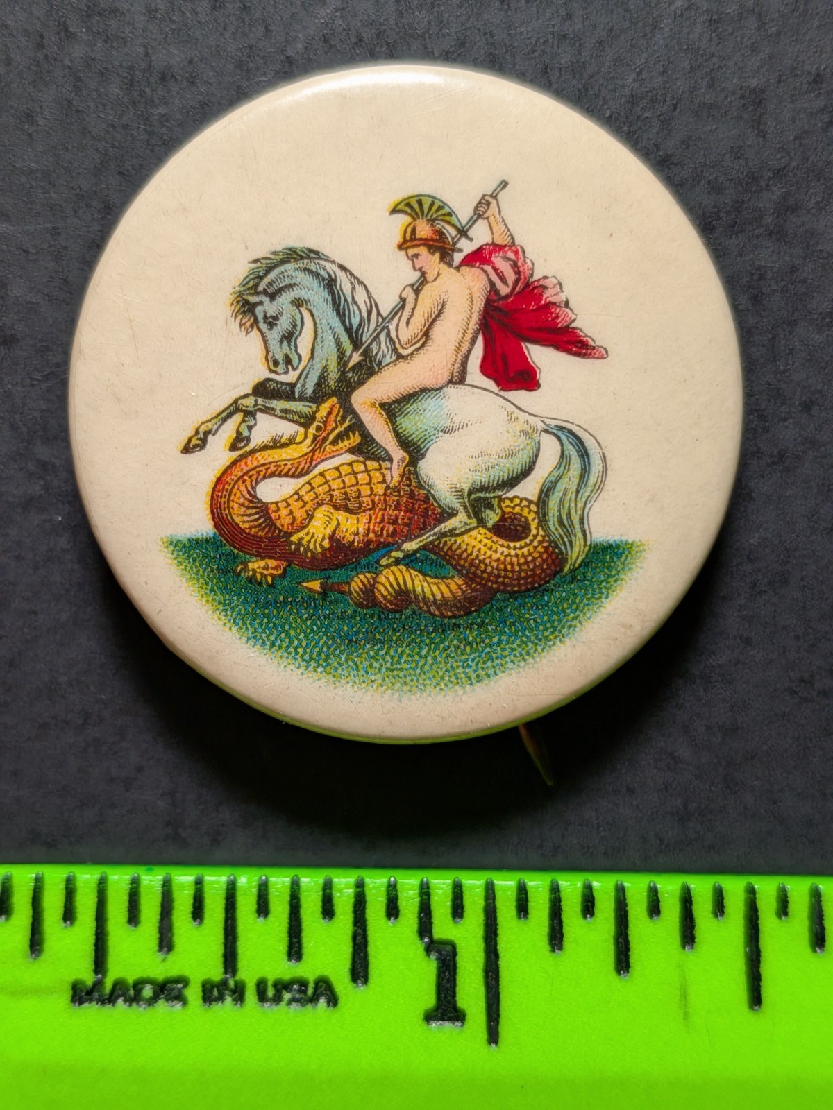 Vintage Greek Soldier Battles Giant Snake on Horse Pinback Pin