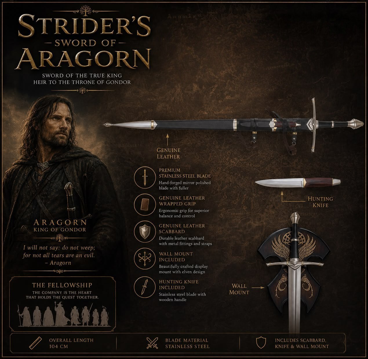 Handmade Strider’s Sword Replica, Aragorn Ranger Medieval Scabbbard & Plaque bf Handmade Strider’s Sword Replica, Aragorn Ranger Medieval Scabbbard & Plaque bf