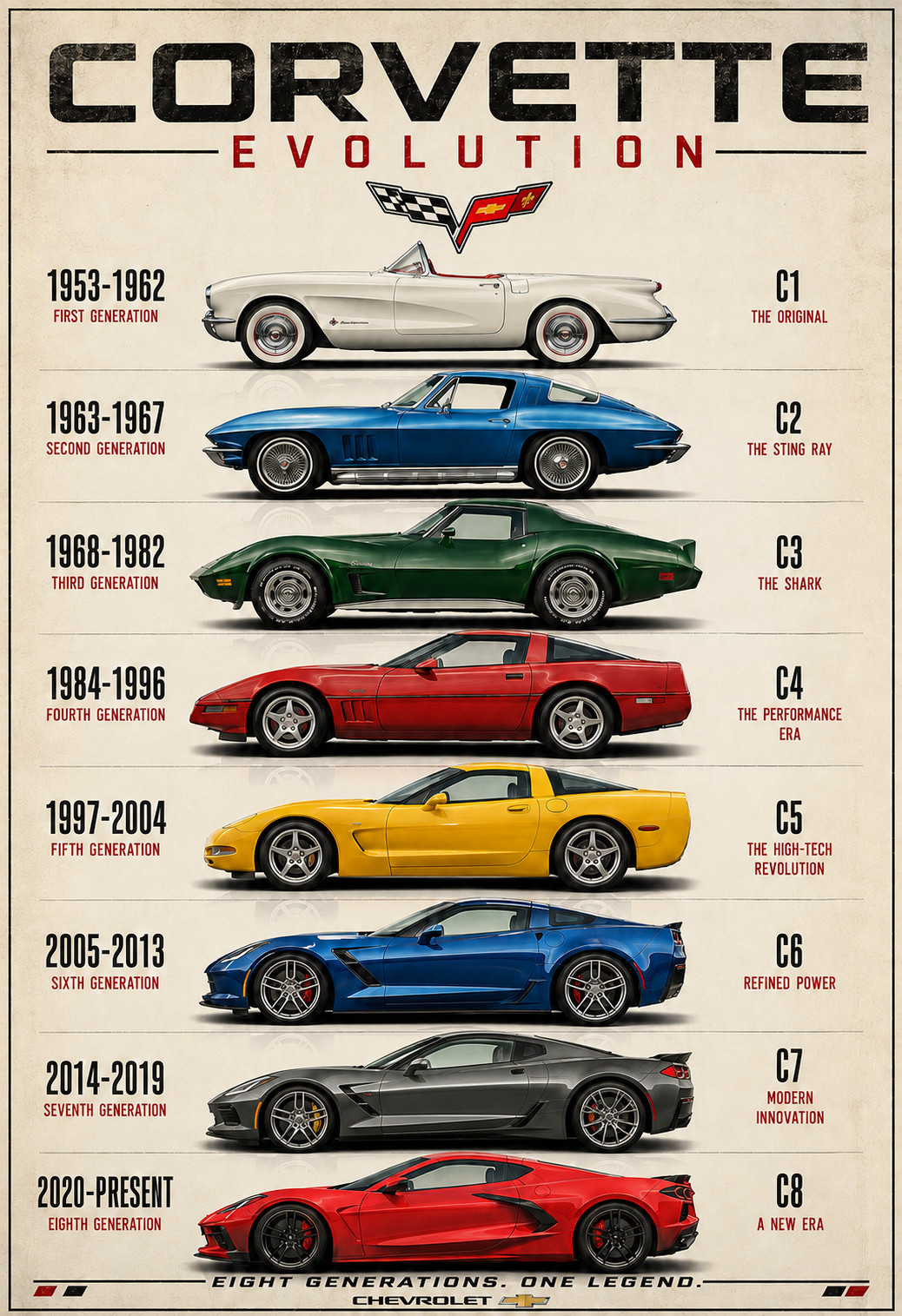 Chevrolet Corvette Evolution C1-C8 Poster 13x19 – 1953-Present Generations Class Chevrolet Corvette Evolution C1-C8 Poster 13x19 – 1953-Present Generations Class