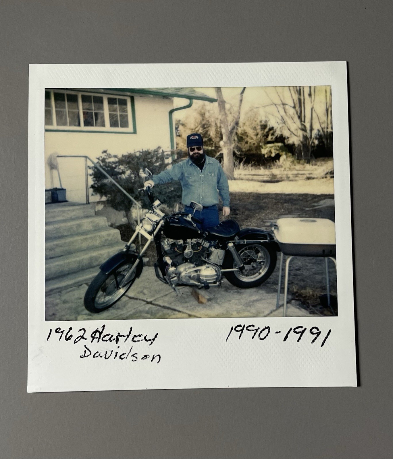 Vintage Polaroid Photo 1990s - Man W/ 1962 Harley Davidson Motorcycle Vintage Polaroid Photo 1990s - Man W/ 1962 Harley Davidson Motorcycle