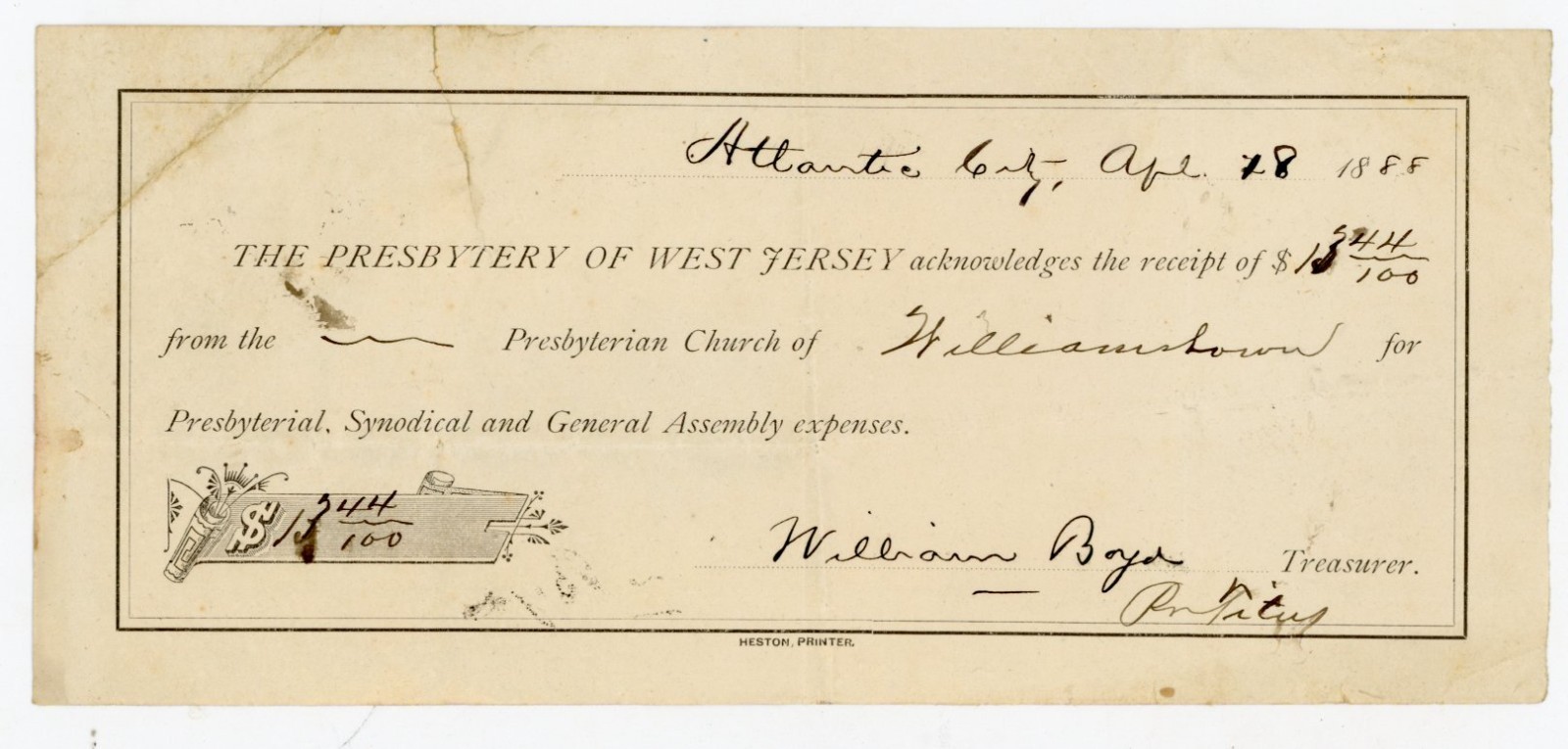 1885 Presbytery of West NJ Receipt Williamstown Presbyterian Church William Boyd