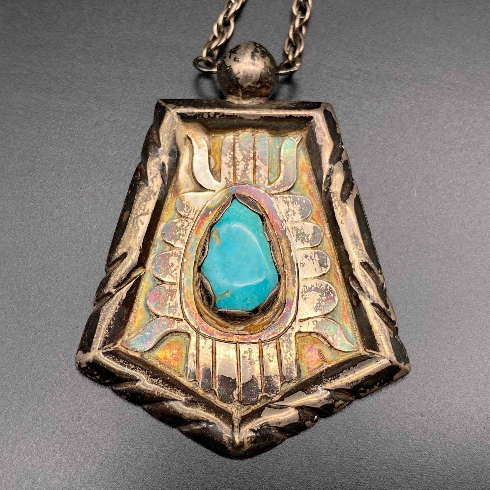 Vintage Carl Max Luthy Native American Turquoise Silver Pendant Necklace 23"