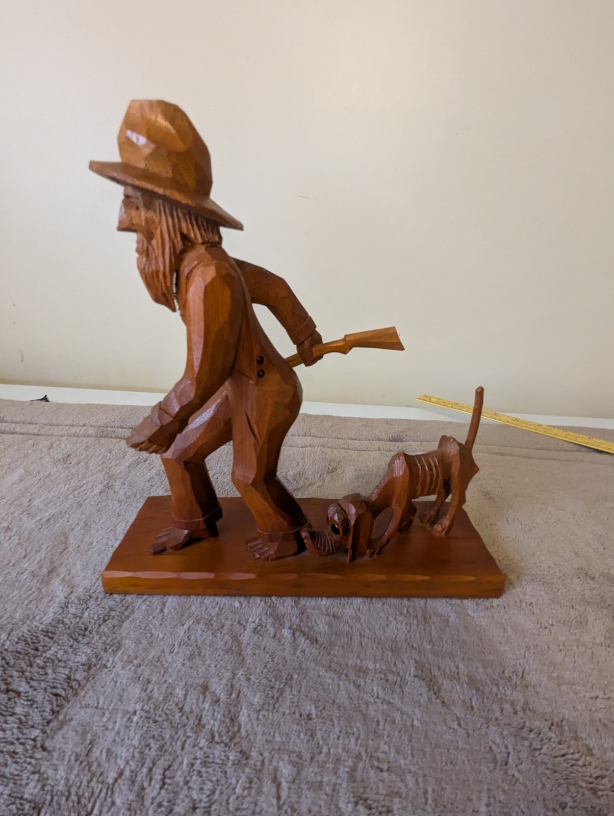 Vintage John Cowden Hand Carved Wood Sculpture Hunter W/His Hound Dog SignedREAD