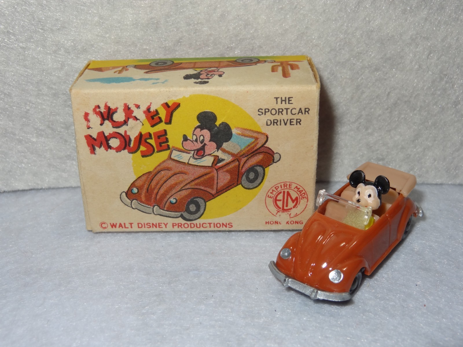 Vintage Disney Mickey Mouse Box & Car "The Sportscar Driver" Elm Toys Hong Kong Vintage Disney Mickey Mouse Box & Car "The Sportscar Driver" Elm Toys Hong Kong