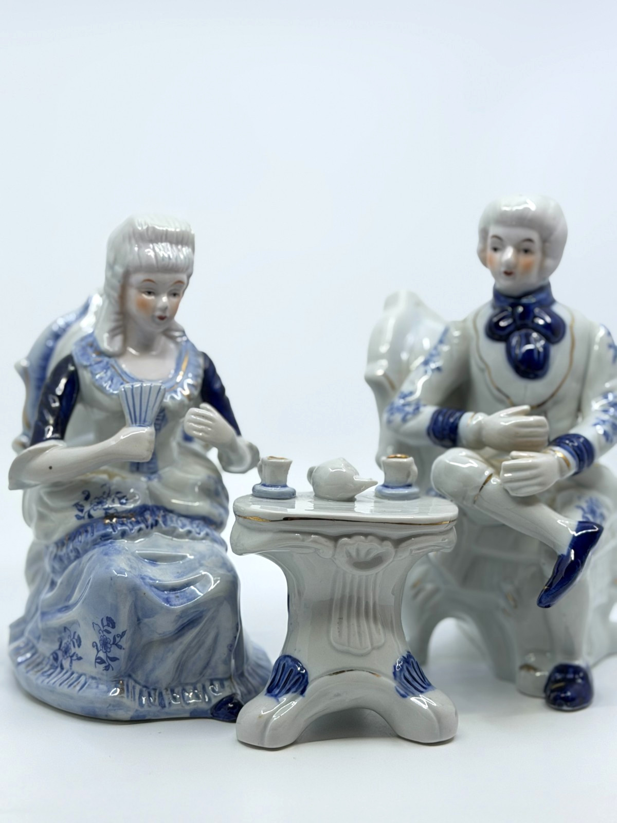 Vintage Porcelain Courting Couple Tea Set Blue White 3 Pc Figurines AS-IS Repair