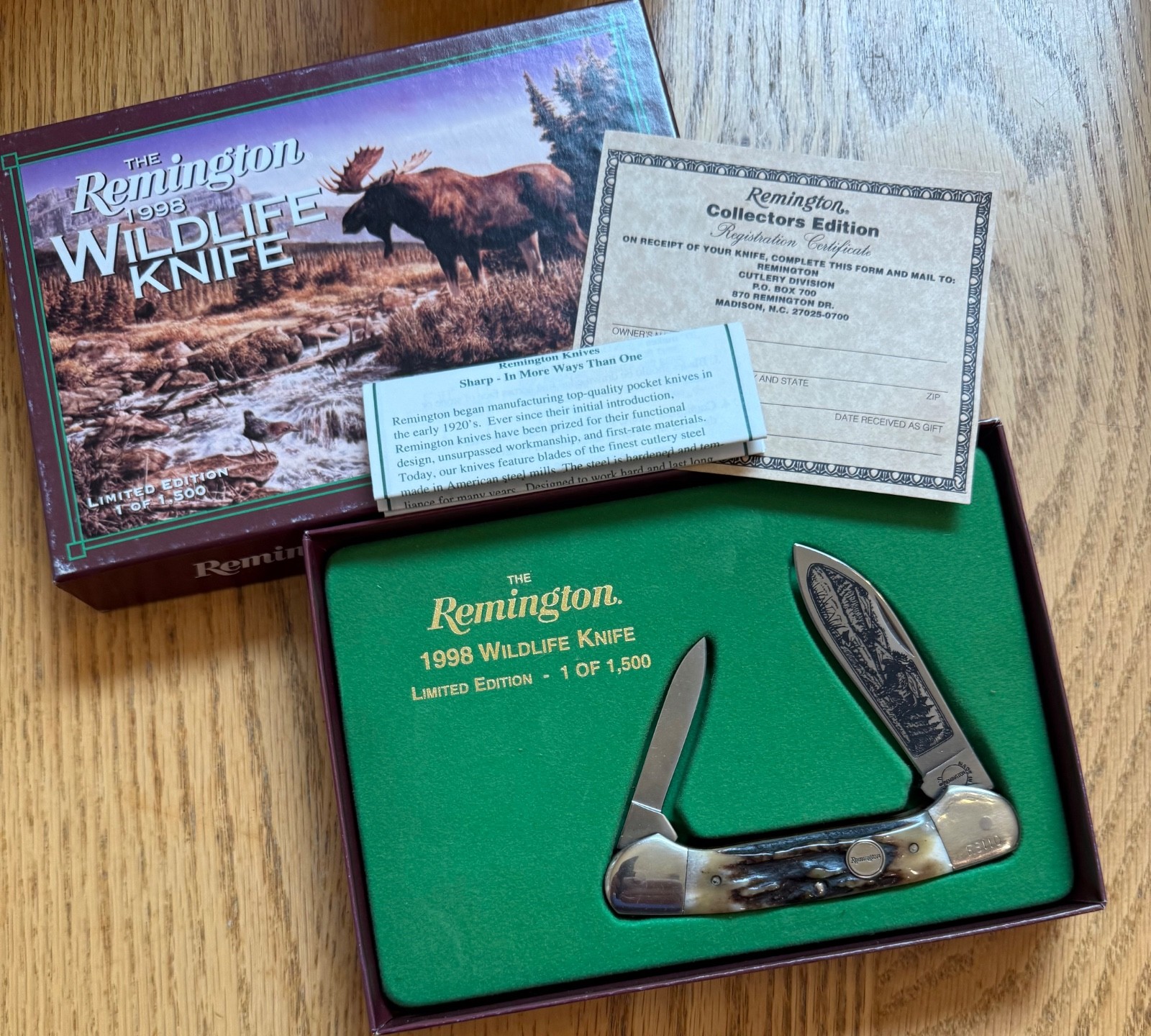 RARE SAMPLE 1998 REMINGTON WILDLIFE STAG CANOE KNIFE NEVER USED IN BOX RARE SAMPLE 1998 REMINGTON WILDLIFE STAG CANOE KNIFE NEVER USED IN BOX