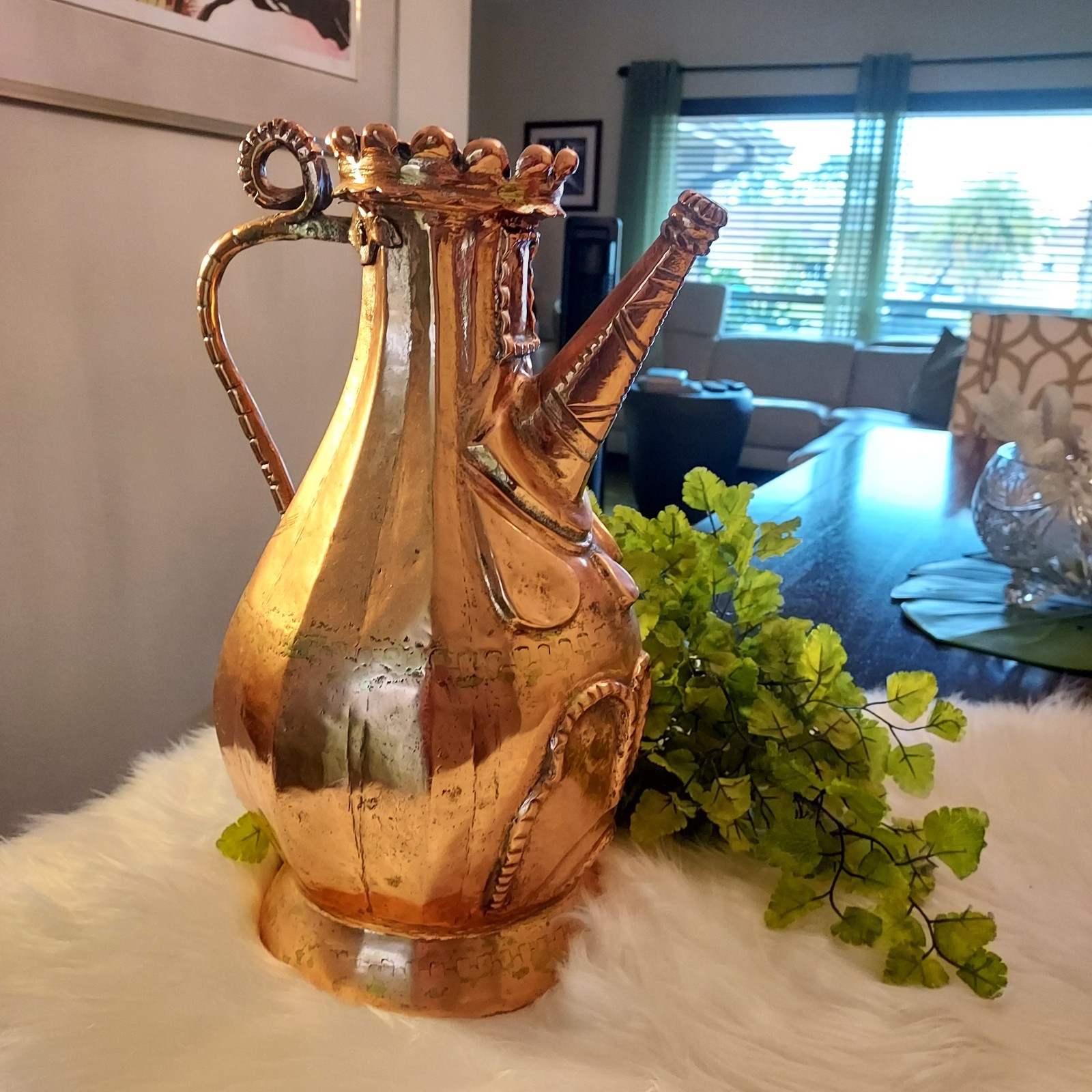 VTG Hand forged Copper Pitcher w Ornate Handle Decorative Collectible Metalware VTG Hand forged Copper Pitcher w Ornate Handle Decorative Collectible Metalware