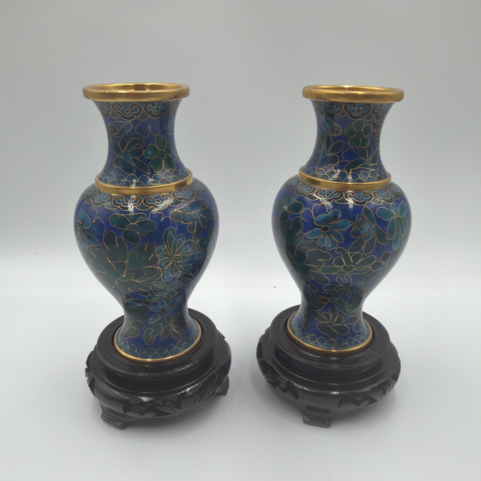 Pair of Vintage Chinese Cloisonné Blue Floral Vases with Wooden Stands Pair of Vintage Chinese Cloisonné Blue Floral Vases with Wooden Stands