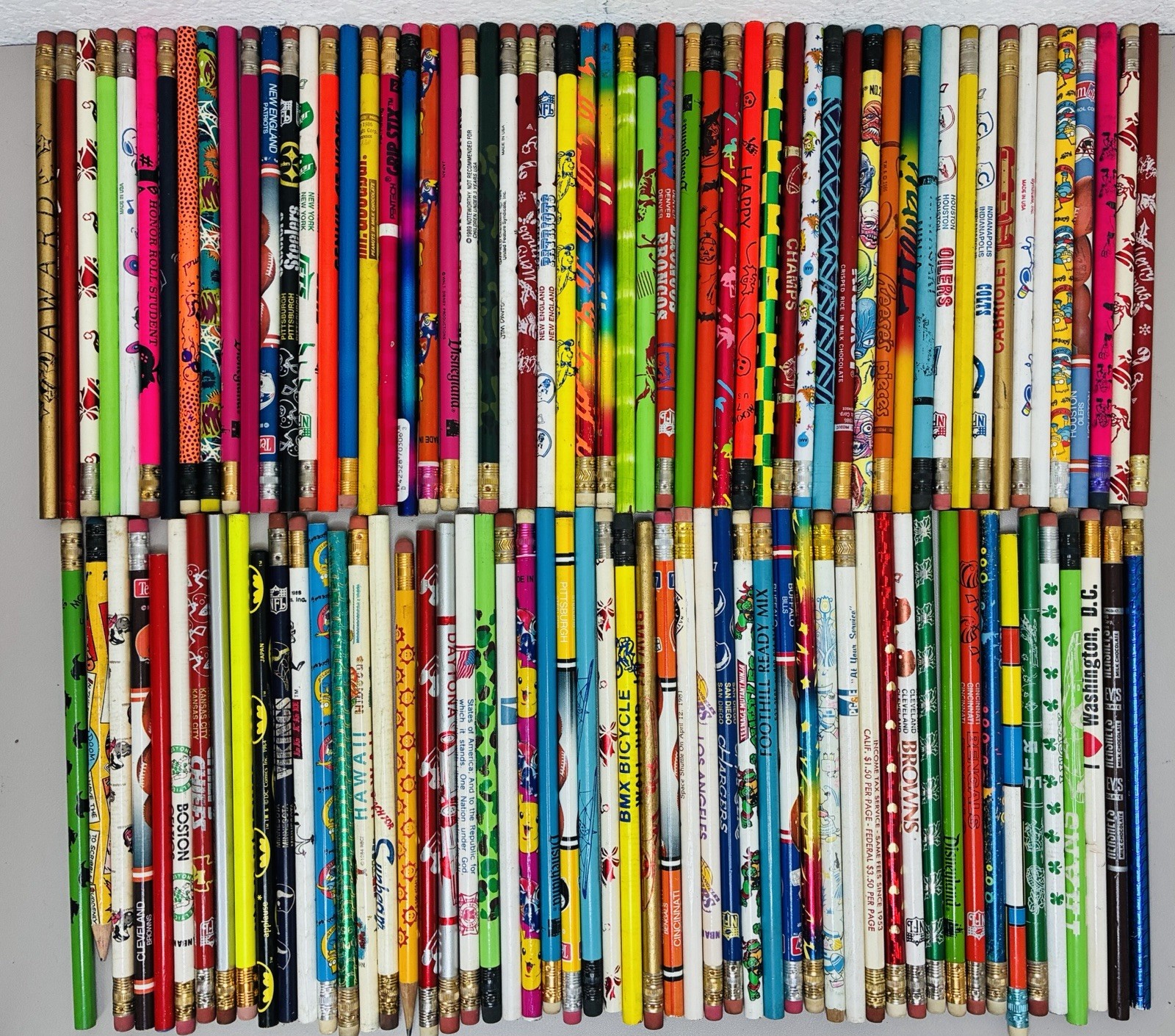 Over 100 Novelty, Sports, 80s, 90s Used Unused Pencil Lot Over 100 Novelty, Sports, 80s, 90s Used Unused Pencil Lot