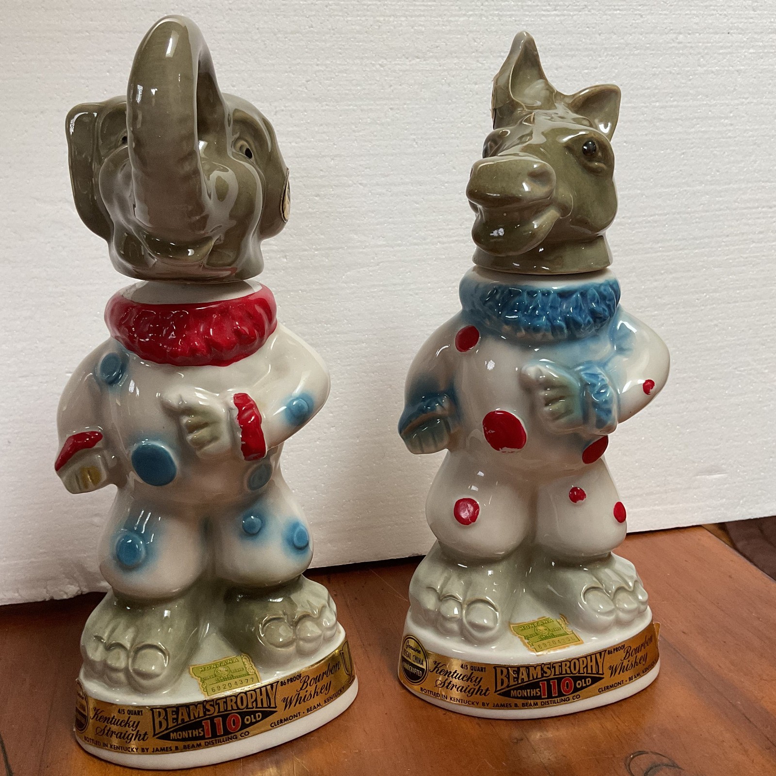 Vintage 1968 Jim Beam Political Clown Decanters Elephant Donkey Regal China