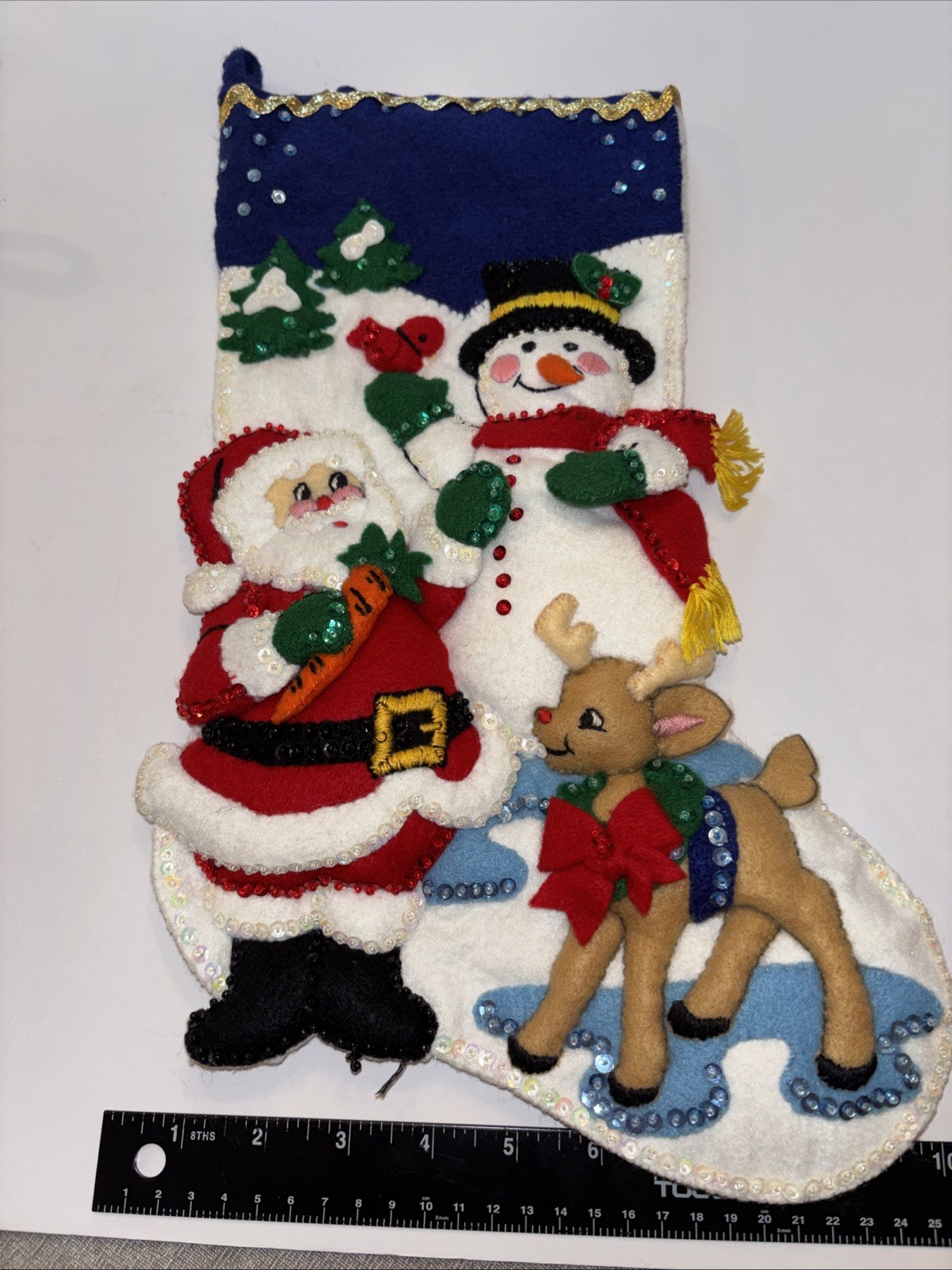 Vintage Felt Christmas Stocking Sequin Details Santa Deer Snowman Adorable 16”H Vintage Felt Christmas Stocking Sequin Details Santa Deer Snowman Adorable 16”H