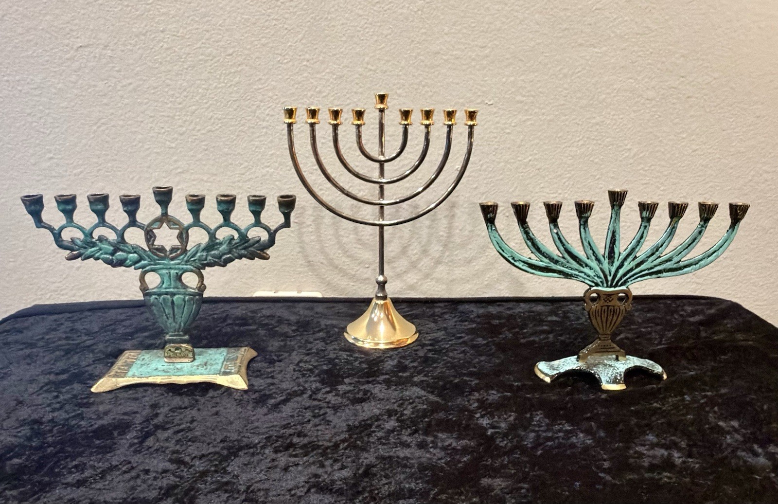 Vintage Israeli Menorah Trio – Verdigris Patina – Mid‑Century Judaica LOT