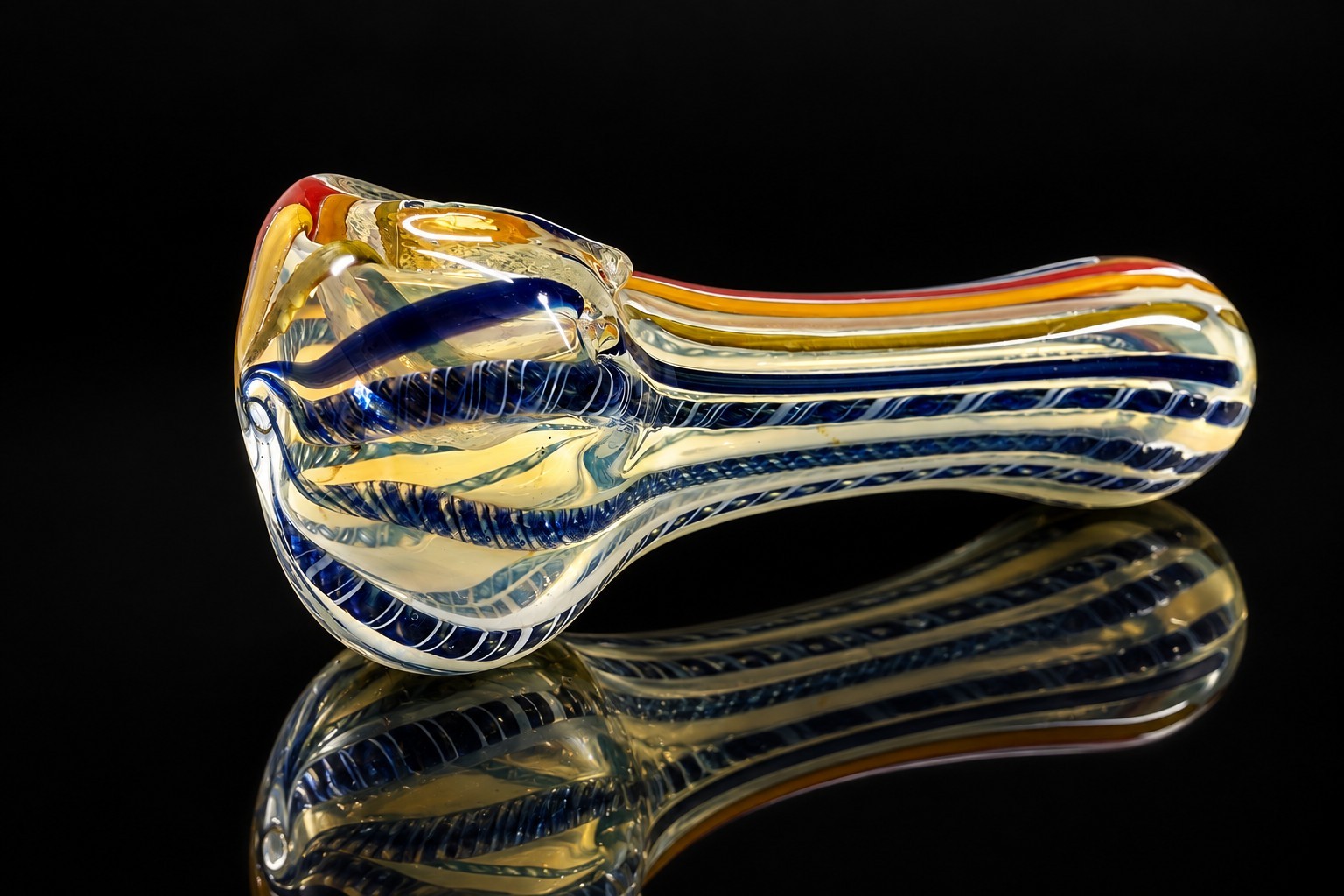 Glass Tobacco Hand Pipe Blue Red Yellow Striped Clear Glass Twist Design