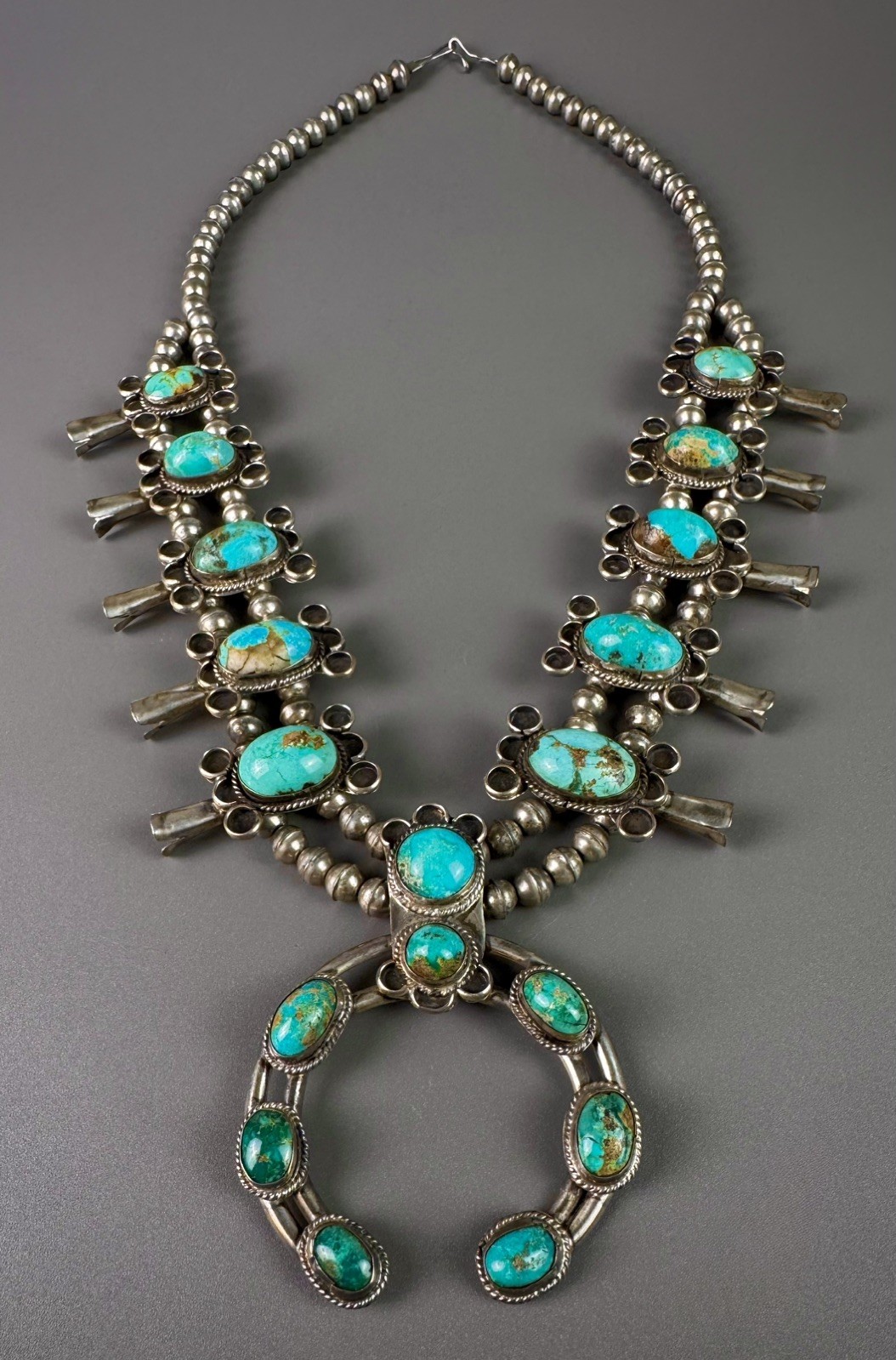 LARGE HEAVY OLD Vintage Navajo Sterling Silver Turquoise Squash Blossom Necklace LARGE HEAVY OLD Vintage Navajo Sterling Silver Turquoise Squash Blossom Necklace
