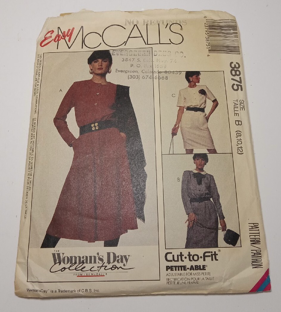 McCall's 1988 Womens Day Collection Dress Sew Pattern #3875 Size 8-10-12