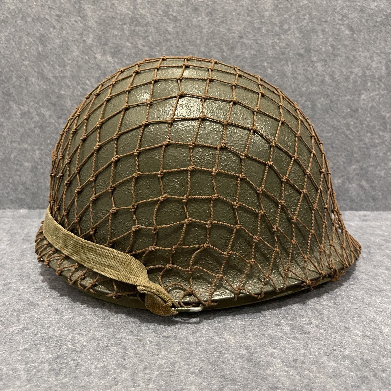 Vintage US Army M1 Steel Helmet Swivel Bail Fiber Liner Camo Net Restored