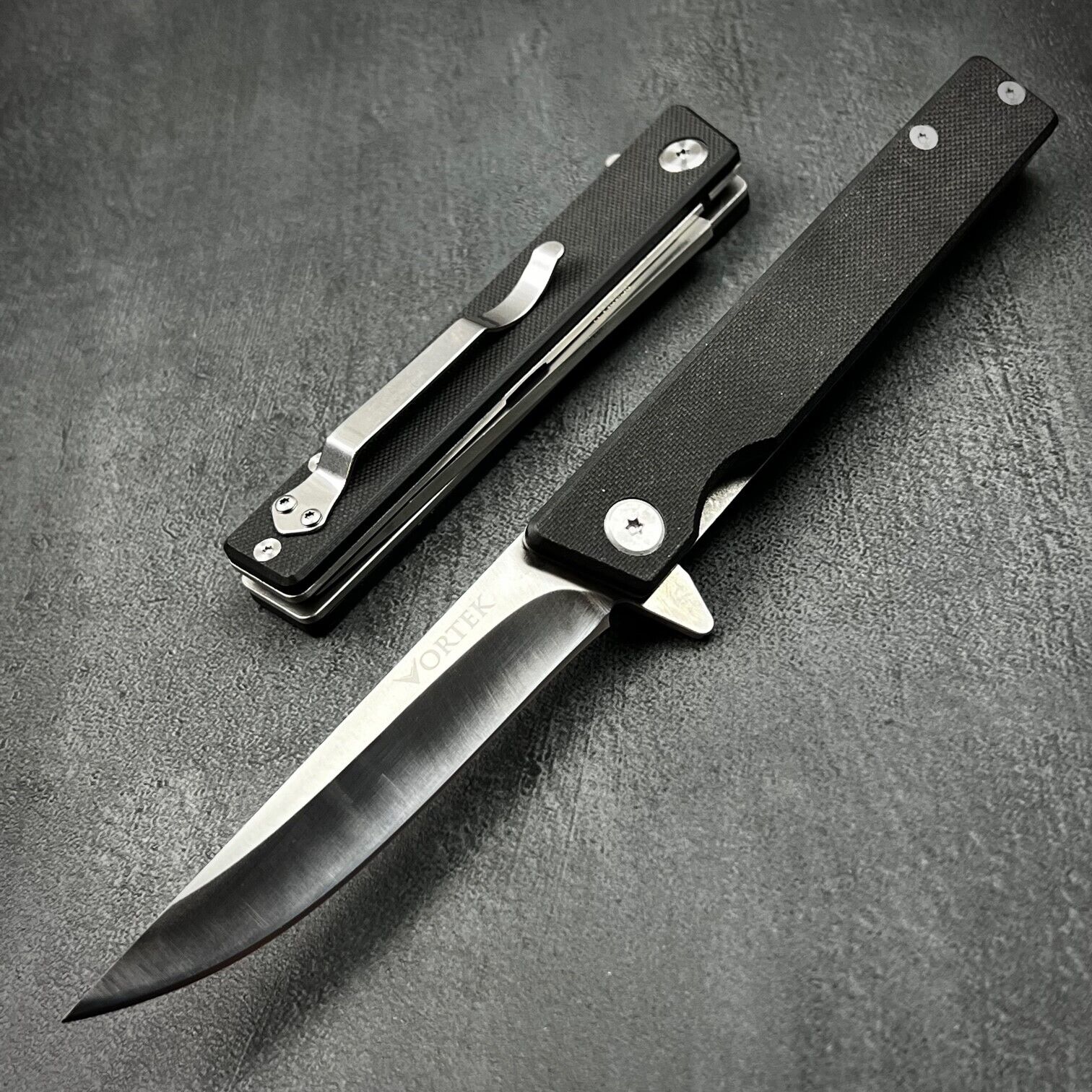 VORTEK VANGUARD Black G10 Ball Bearing Flipper Blade Large Folding Pocket Knife