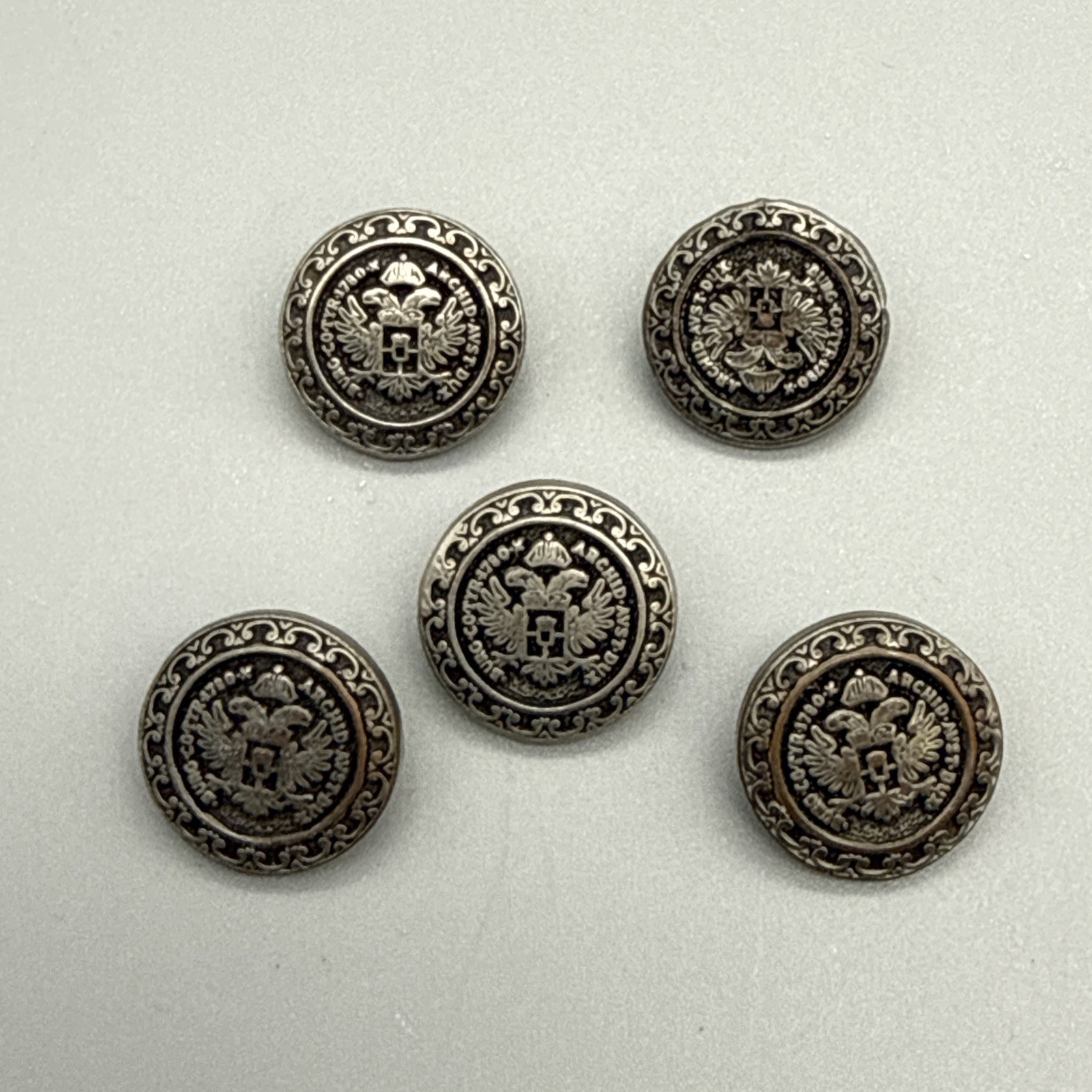 Austrian Coin Replica VTG ATQ Silver Metal Shank Sewing Button Set x 5