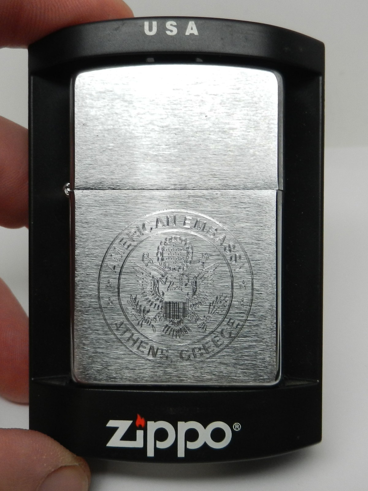 American Embassy Athens Greece Zippo Lighter NOS Brushed Stainless Complete