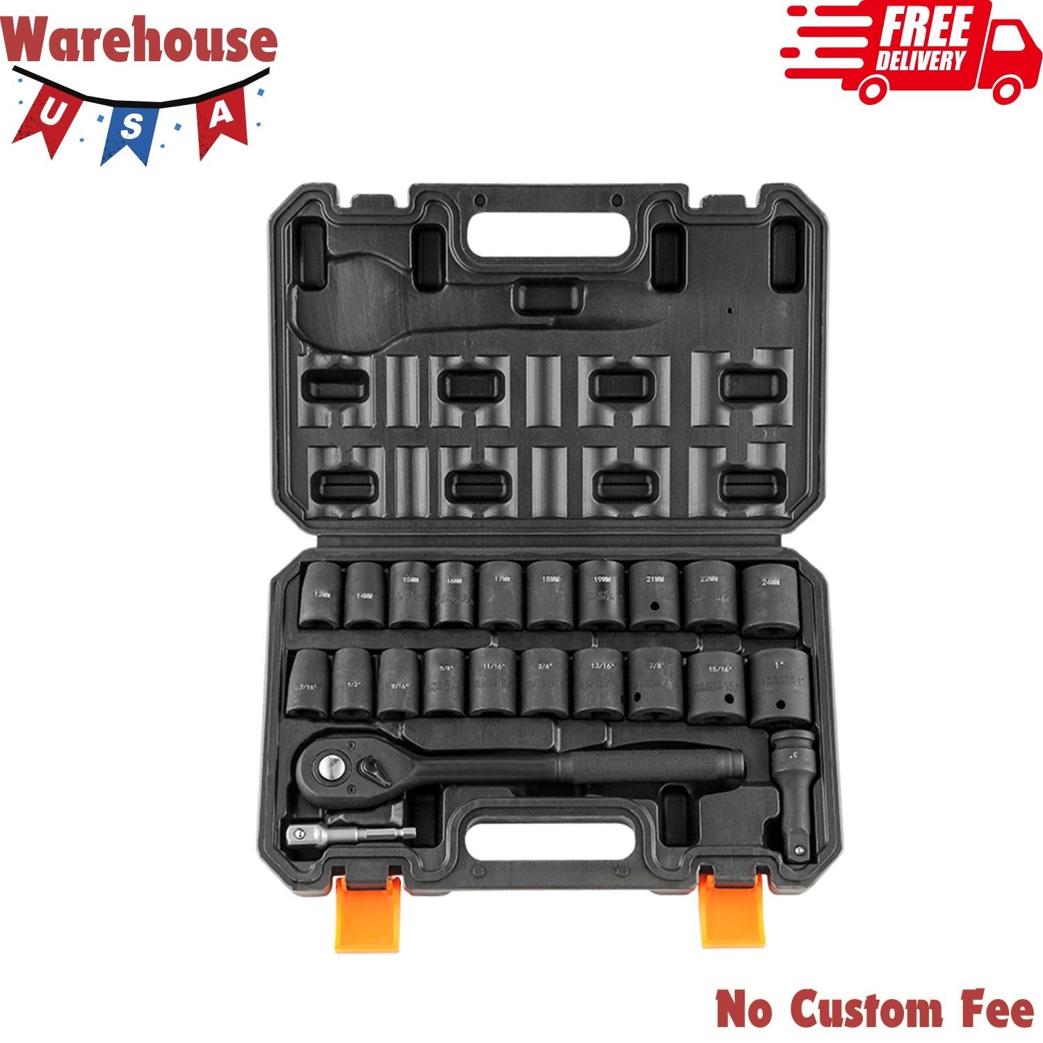 1/2" Drive Impact Socket Set, 23 PCS Standard SAE & Metric Sizes 1/2" Drive Impact Socket Set, 23 PCS Standard SAE & Metric Sizes