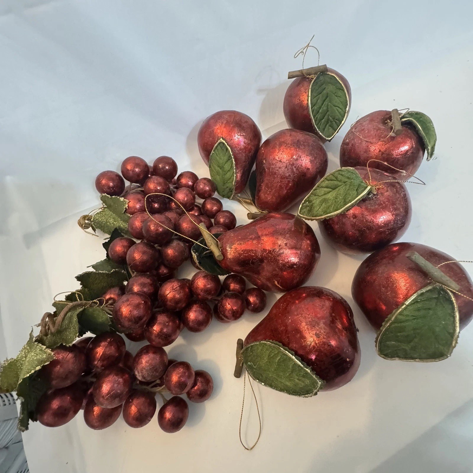 VTG Burgundy Fruit Ornaments Distressed W/Leaves Twigs Gold Trims Christmas X12 VTG Burgundy Fruit Ornaments Distressed W/Leaves Twigs Gold Trims Christmas X12