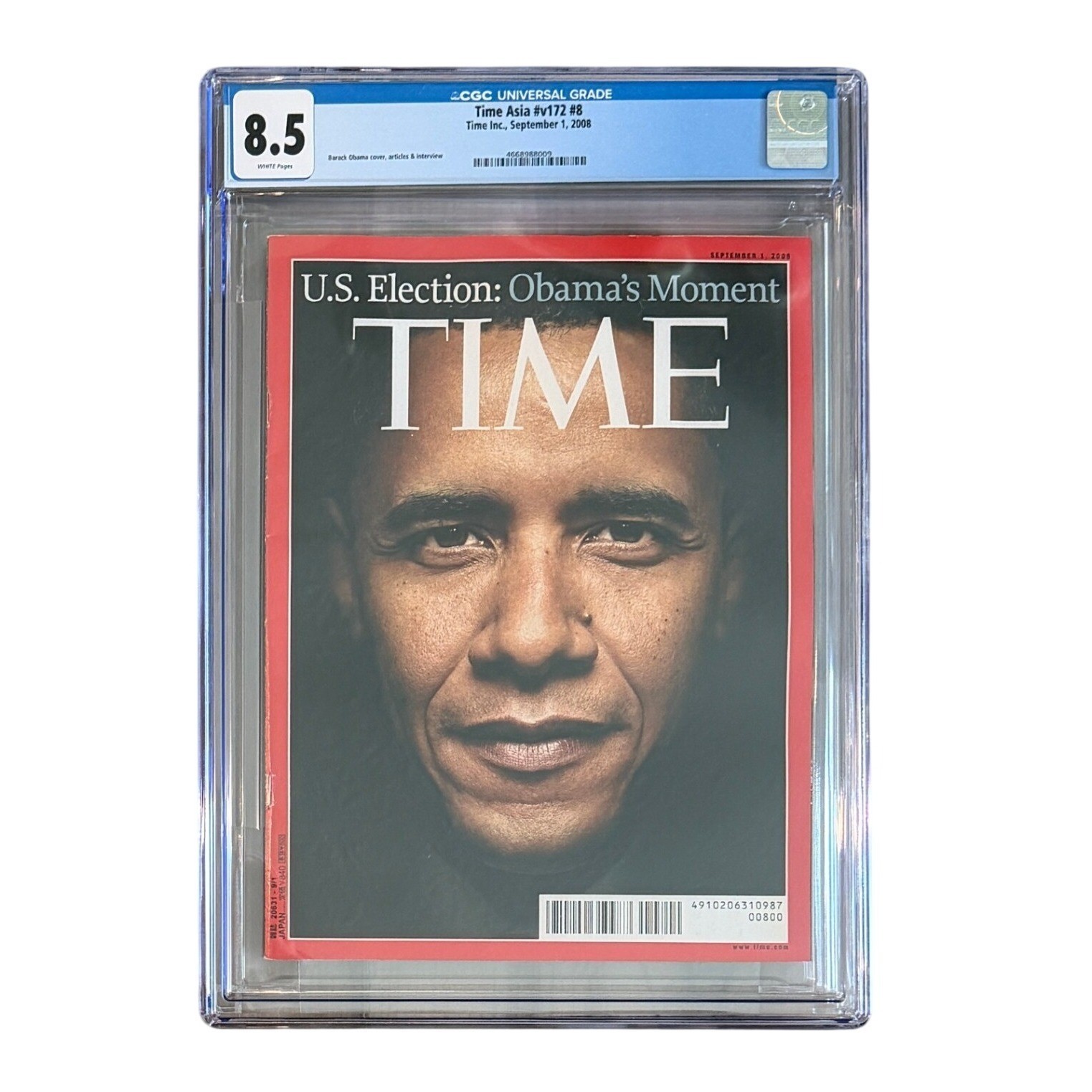 Time Magazine Barack Obama Sep 1 2008 Asia Edition CGC 8.5 Graded Top Pop Rare Time Magazine Barack Obama Sep 1 2008 Asia Edition CGC 8.5 Graded Top Pop Rare