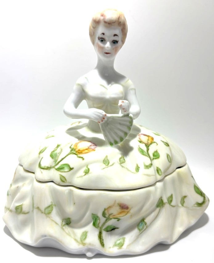 Vintage Hand-Painted Porcelain Southern Belle Half Doll Powder Trinket Box