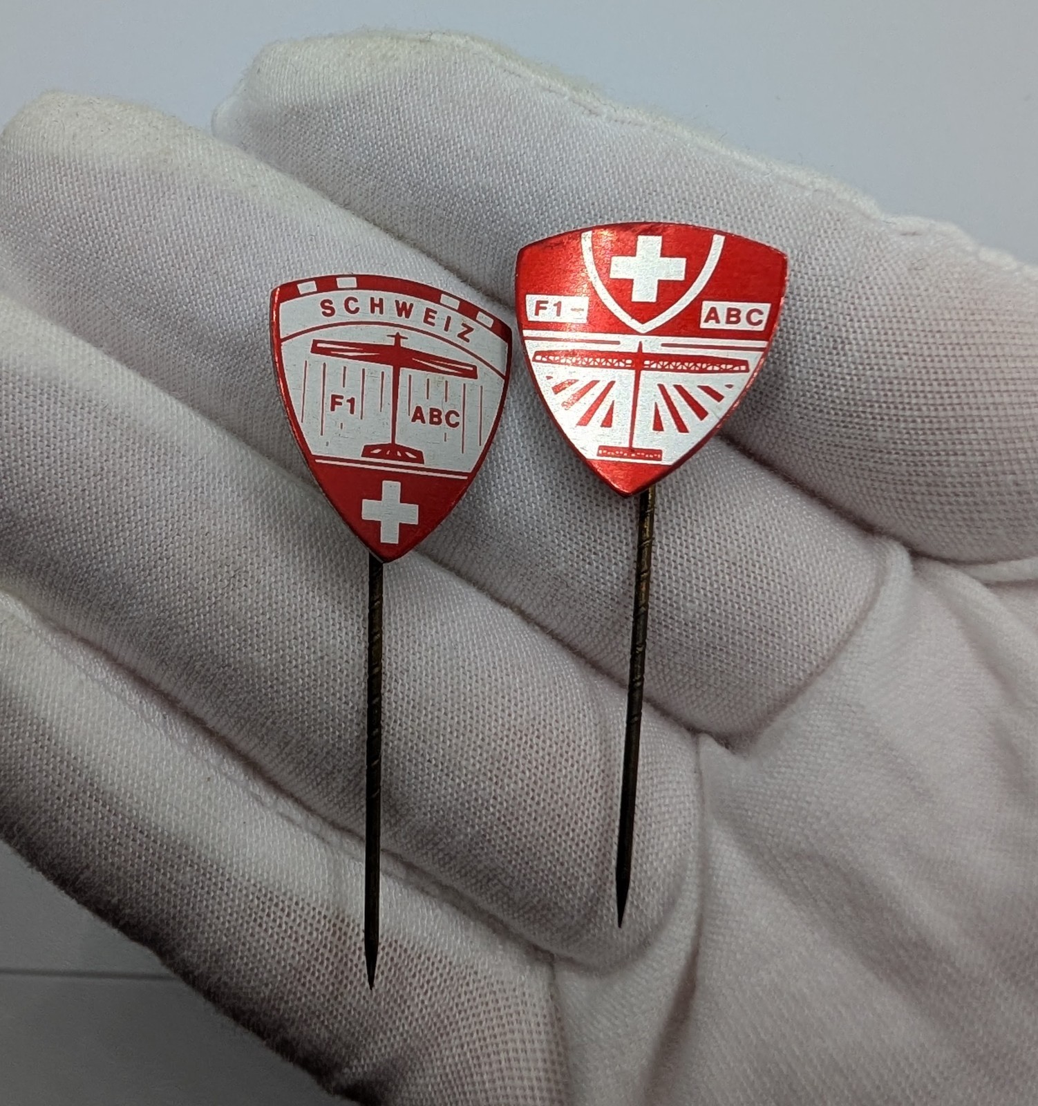 Pair Vintage Swiss Schweiz F1 ABC Glider Aviation Stick Lapel Pins
