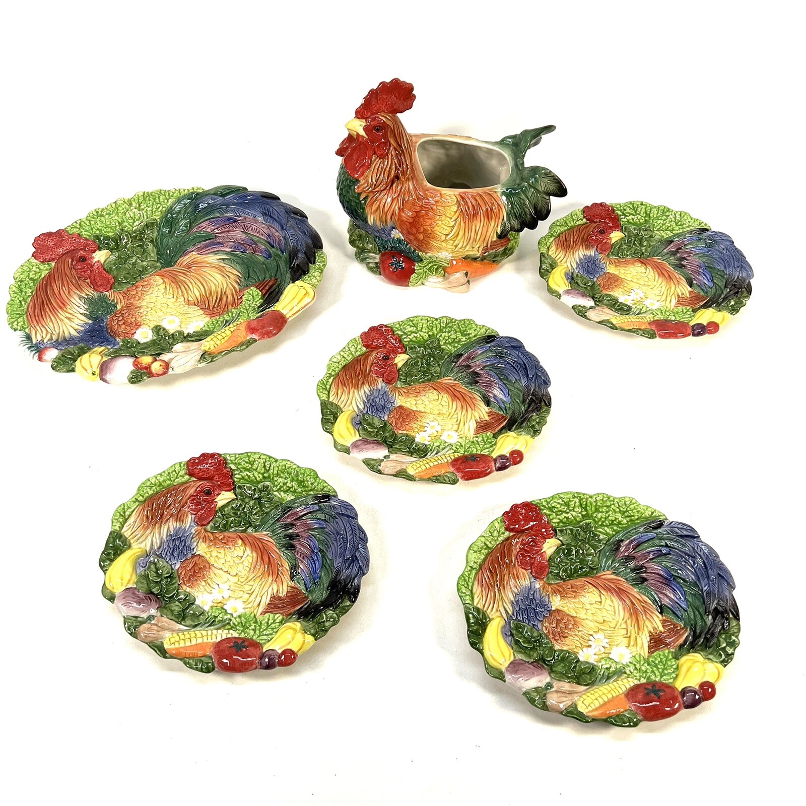 Fitz and Floyd Classics Roster Set, Cookie Jar (Missing Lid), Platter & 4 Plates Fitz and Floyd Classics Roster Set, Cookie Jar (Missing Lid), Platter & 4 Plates