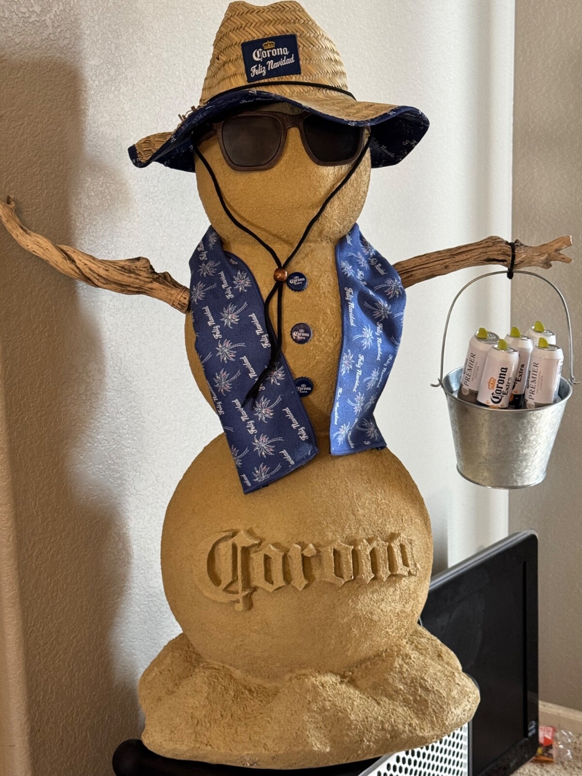 Corona Sand/Snowman collectible. Corona Extra and Corona Premier cans.  3ft tall