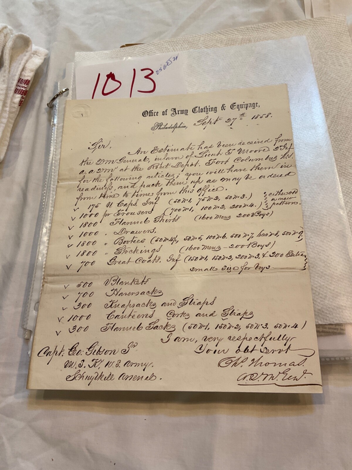 1013 US ARMY UNIFORMS 5TH DIVISION FT COLUMBUS NEW YORK SCHUYLKILL ARSENAL 1858 1013 US ARMY UNIFORMS 5TH DIVISION FT COLUMBUS NEW YORK SCHUYLKILL ARSENAL 1858