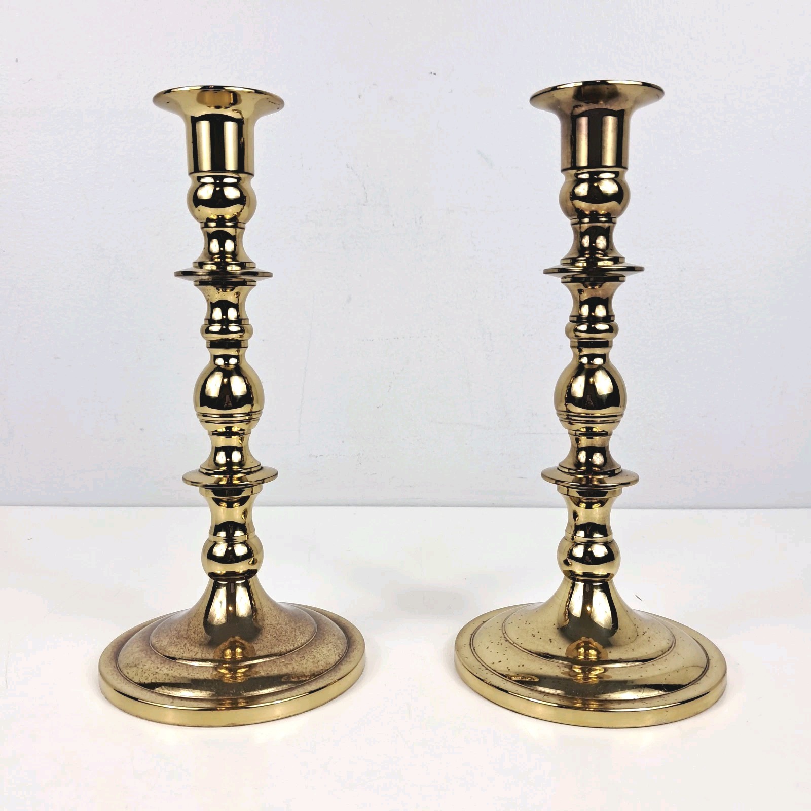Vintage Baldwin Brass Candlesticks 9" Pair Round Base Heavy Gold Flawed READ Vintage Baldwin Brass Candlesticks 9" Pair Round Base Heavy Gold Flawed READ