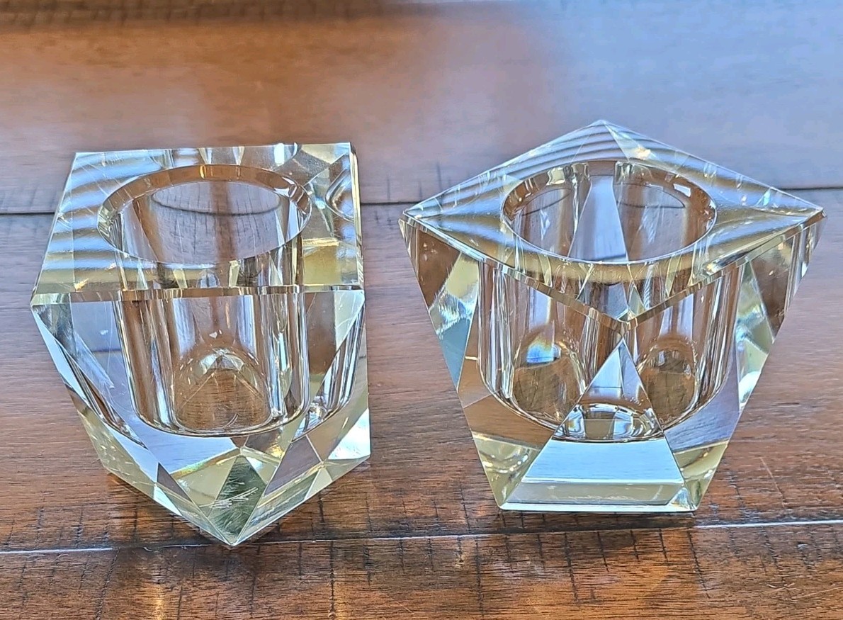 Vintage Pair of Oleg Cassini Brigitte Prism Crystal Candle Holders 2.75" Signed Vintage Pair of Oleg Cassini Brigitte Prism Crystal Candle Holders 2.75" Signed