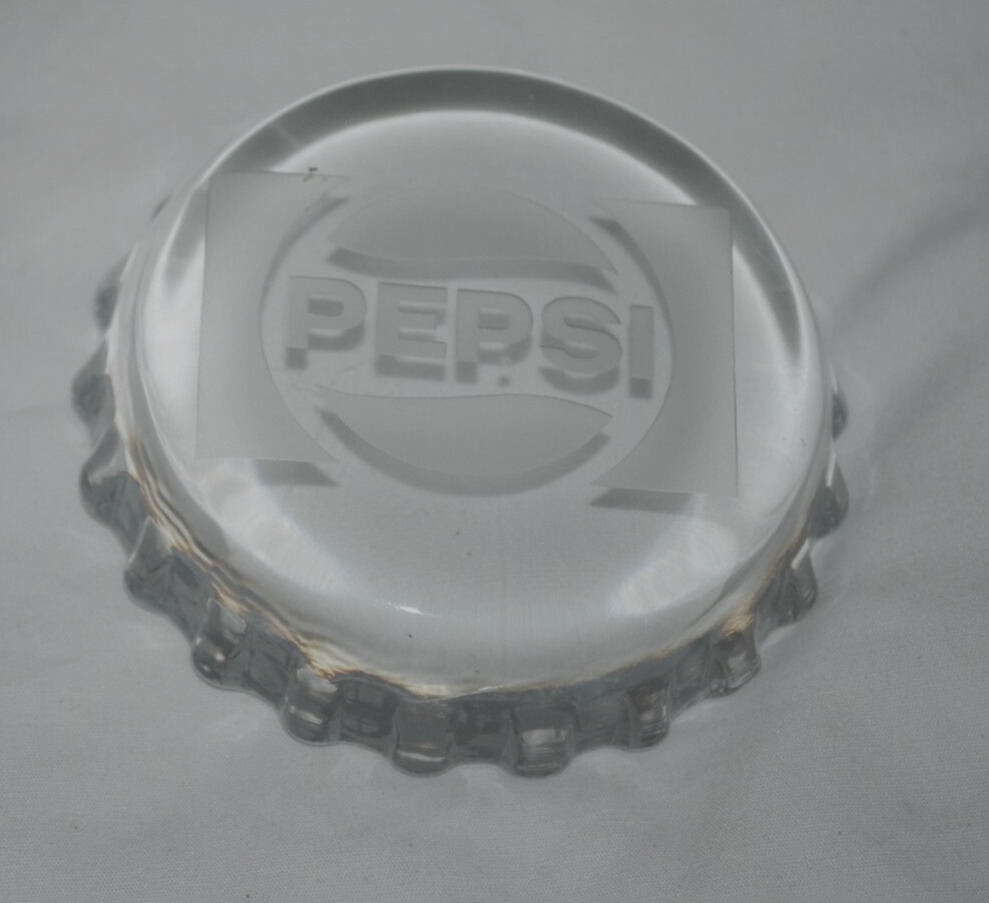 Pepsi vintage glass paperweight, bottle cap shape, etched logo, 3 1/2\
