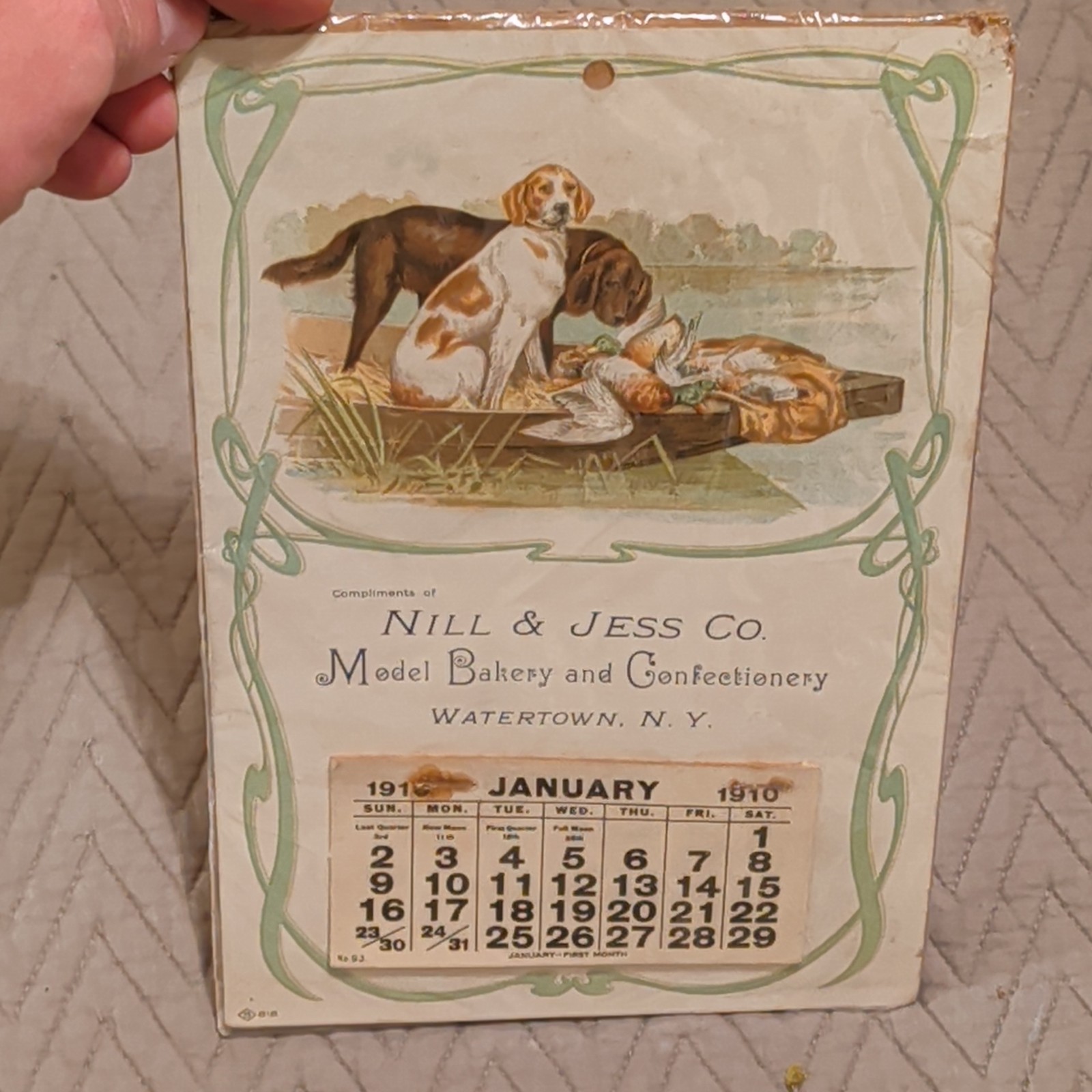 1910 Antique Advertising Calendar Hunting Dogs Ducks Watertown NY Nill & Jess" 1910 Antique Advertising Calendar Hunting Dogs Ducks Watertown NY Nill & Jess"