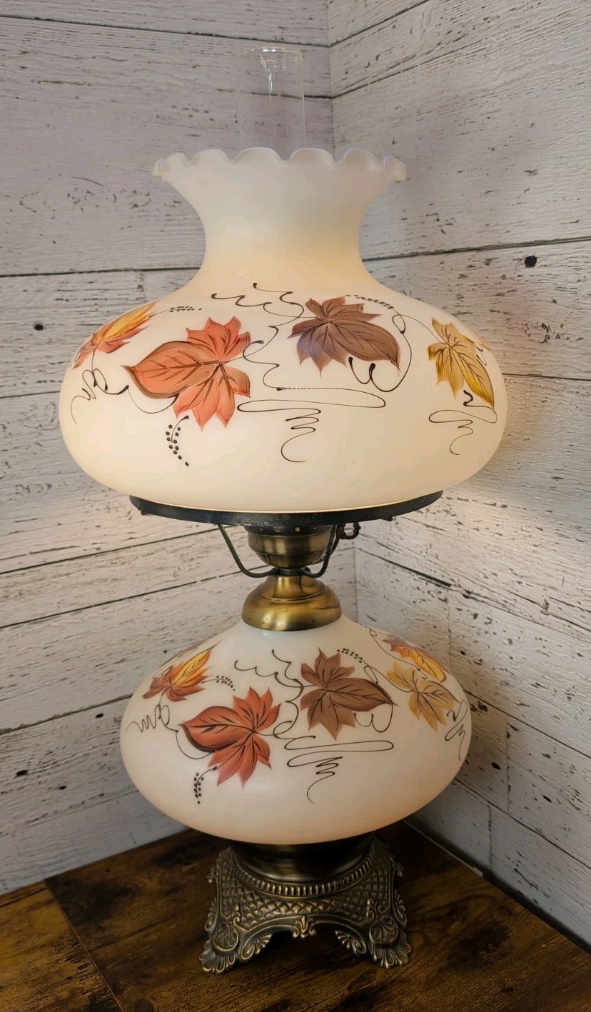 VTG Quoizel Jumbo Hurricane Parlor Lamp Signed Hand Painted Autumn Leaves 3 Way VTG Quoizel Jumbo Hurricane Parlor Lamp Signed Hand Painted Autumn Leaves 3 Way
