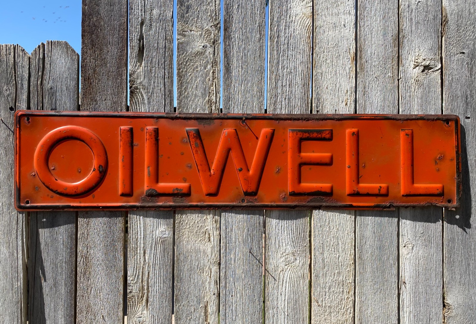 Vintage Oilwell Pump Jack Oilfield Sign Embossed Metal 36x8" Oil Field Patina Vintage Oilwell Pump Jack Oilfield Sign Embossed Metal 36x8" Oil Field Patina