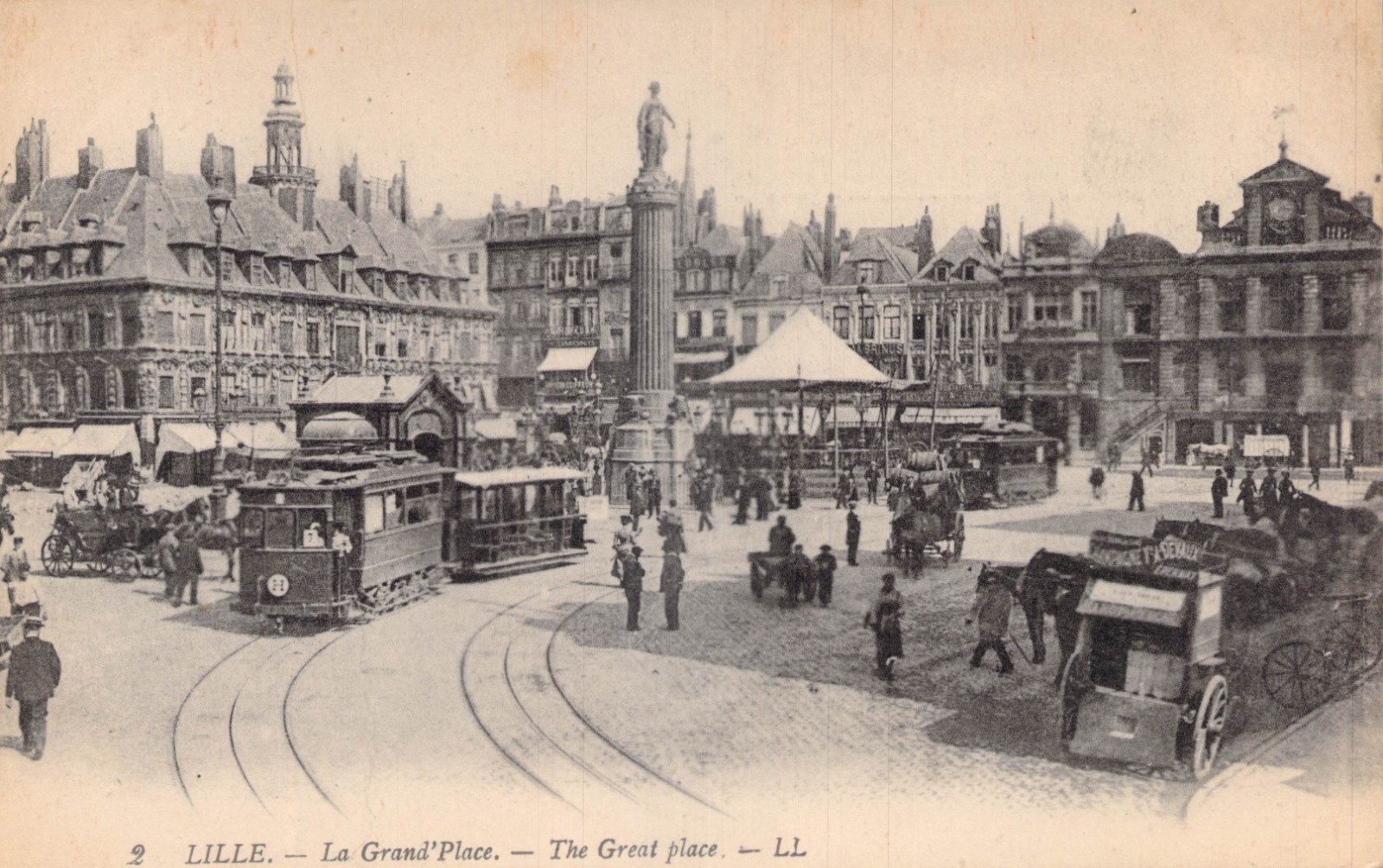 Lille France Grand ' Place Cables Cars  Vintage Postcard