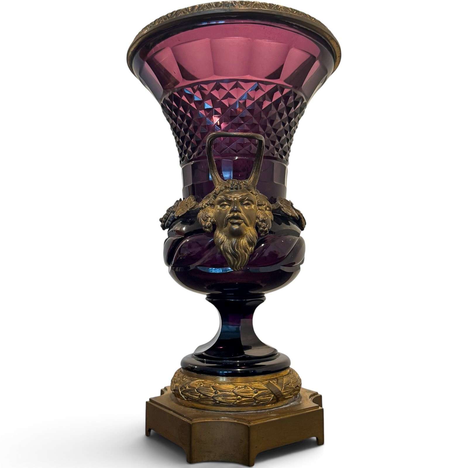 Antique Baccarat Amethyst Glass Bronze Ormolu Satyr Handle Face Case Urn Antique Baccarat Amethyst Glass Bronze Ormolu Satyr Handle Face Case Urn