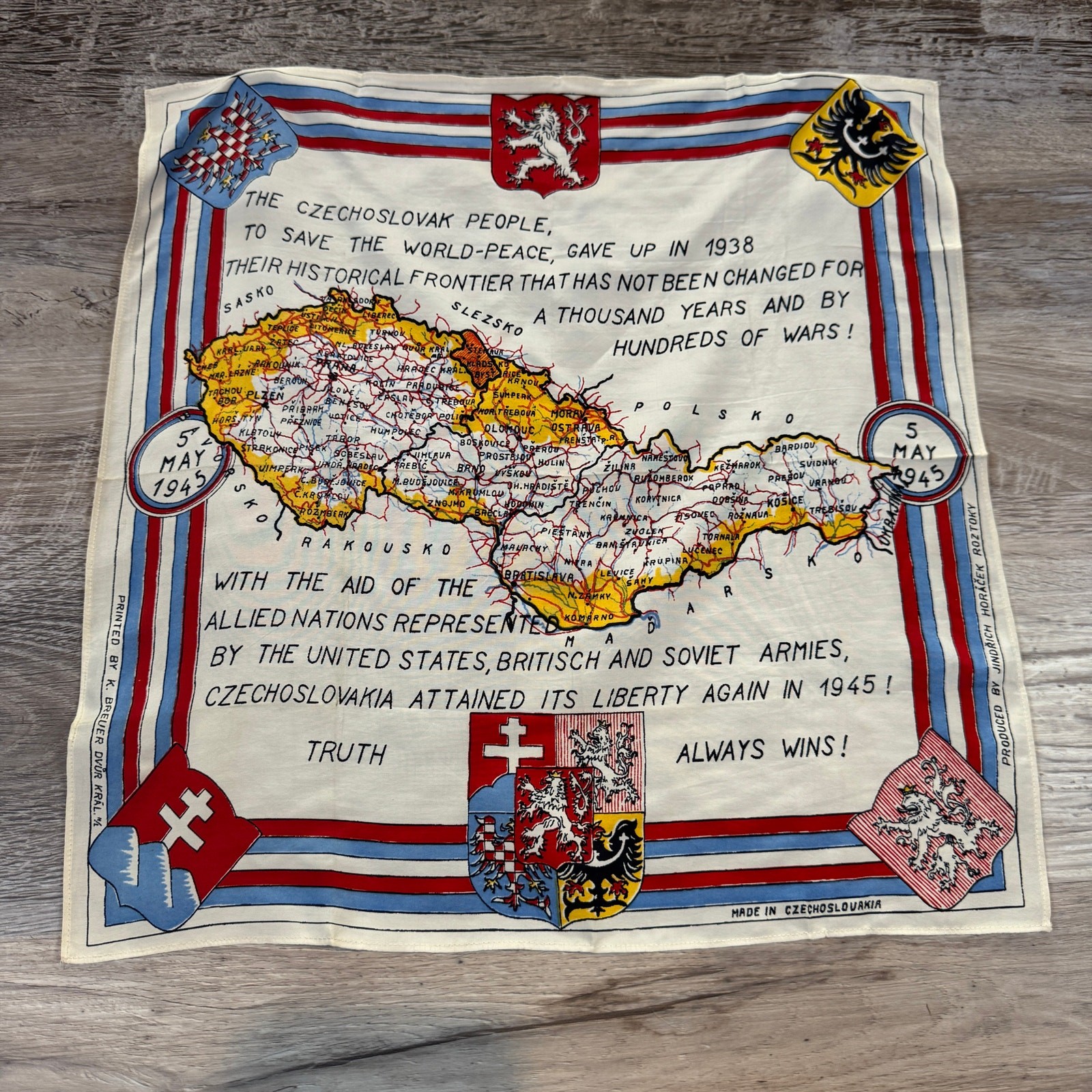 Vintage 1945 Czechoslovakia WWII Liberation Map Souvenir Handkerchief 14.5"