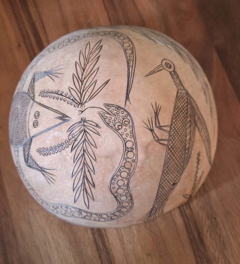 Vintage Hand Engraved Calabash Gourd Wall Art African Folk Art Snake Bird Lizard Vintage Hand Engraved Calabash Gourd Wall Art African Folk Art Snake Bird Lizard