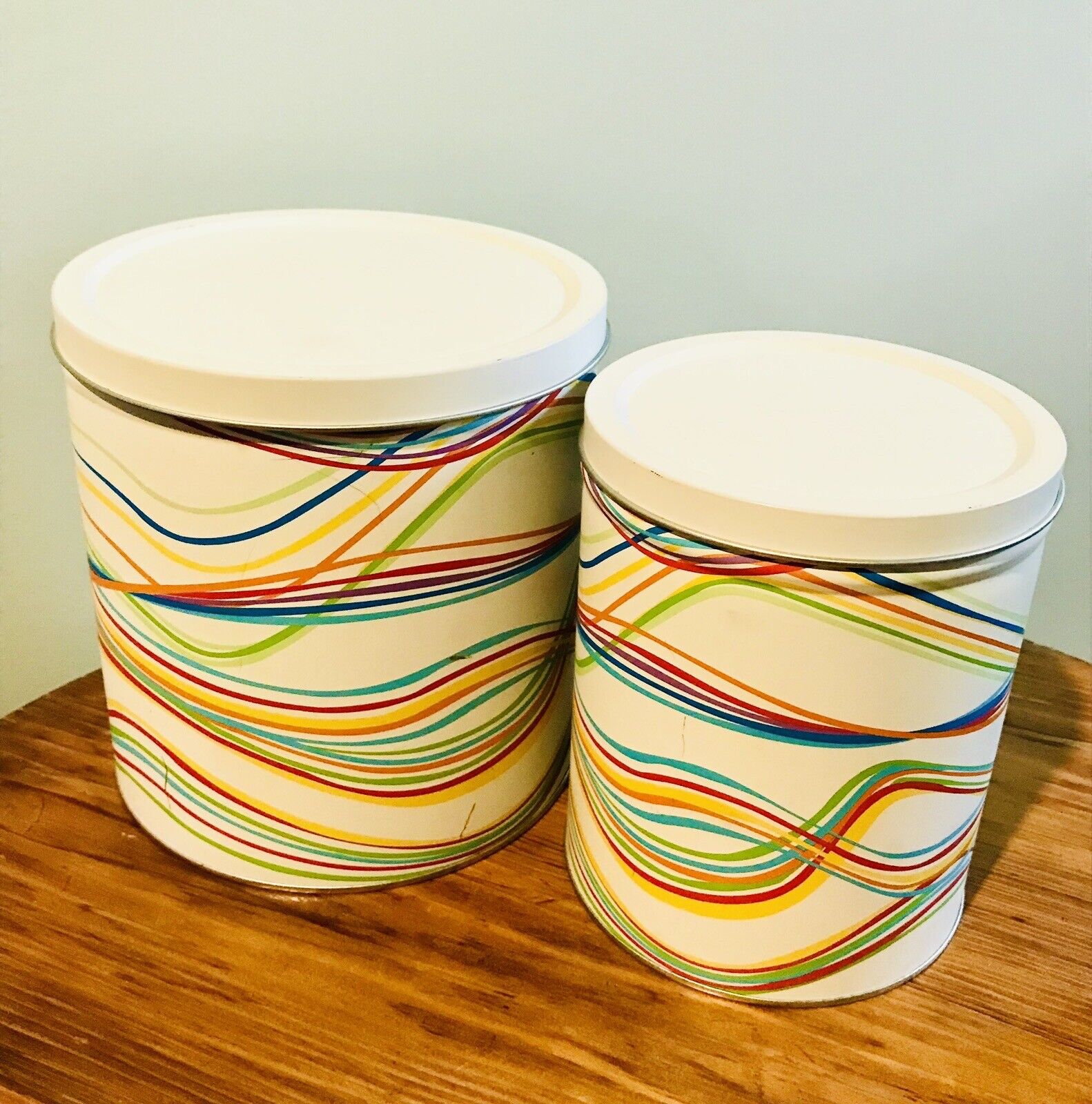 Vintage Set of 2 Graduating Ikea Nesting Tin Canisters w Lids in Rainbow Colors