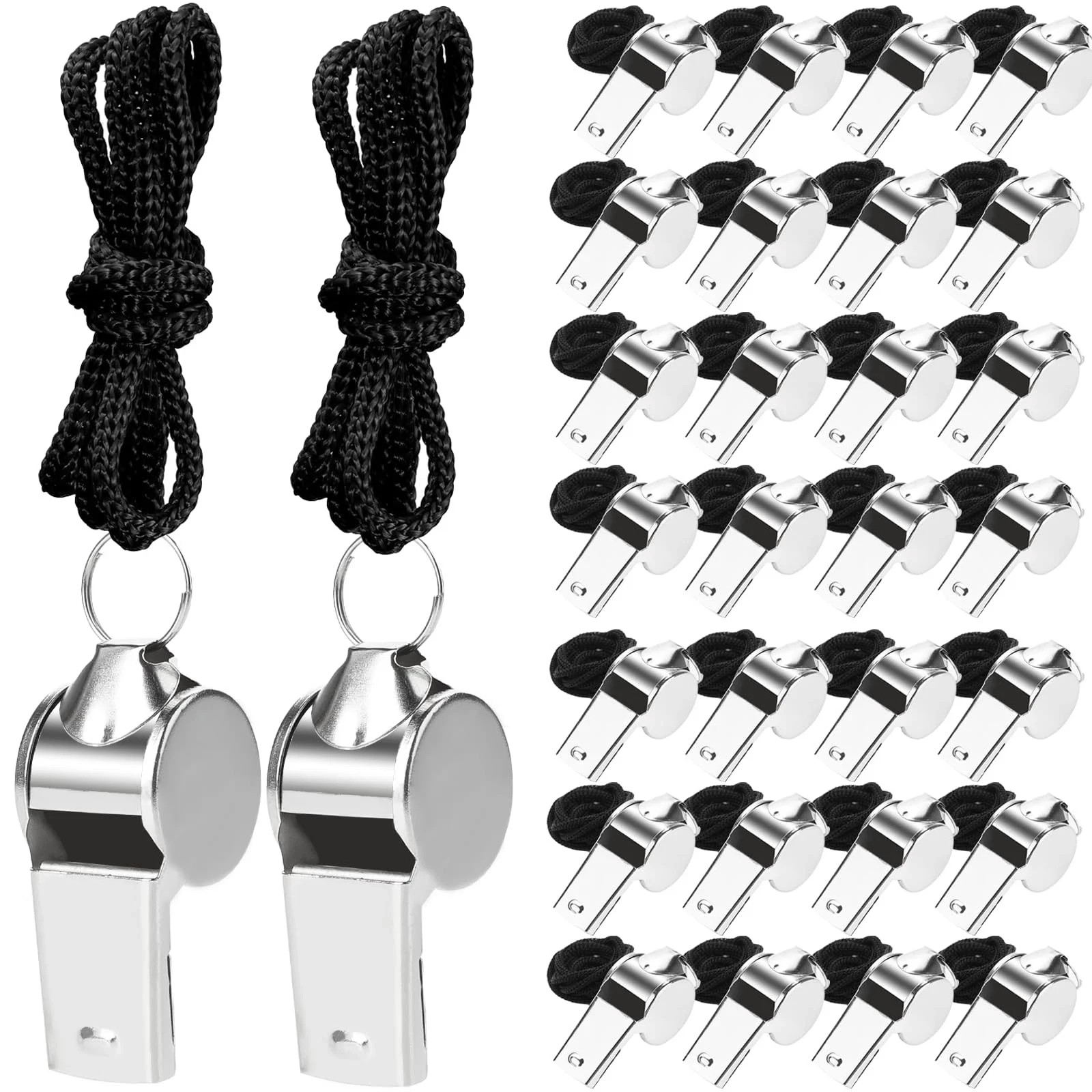 Agolctry 100 Pcs Stainless Steel Whistle with Lanyard, Sports Black Lanyard Agolctry 100 Pcs Stainless Steel Whistle with Lanyard, Sports Black Lanyard
