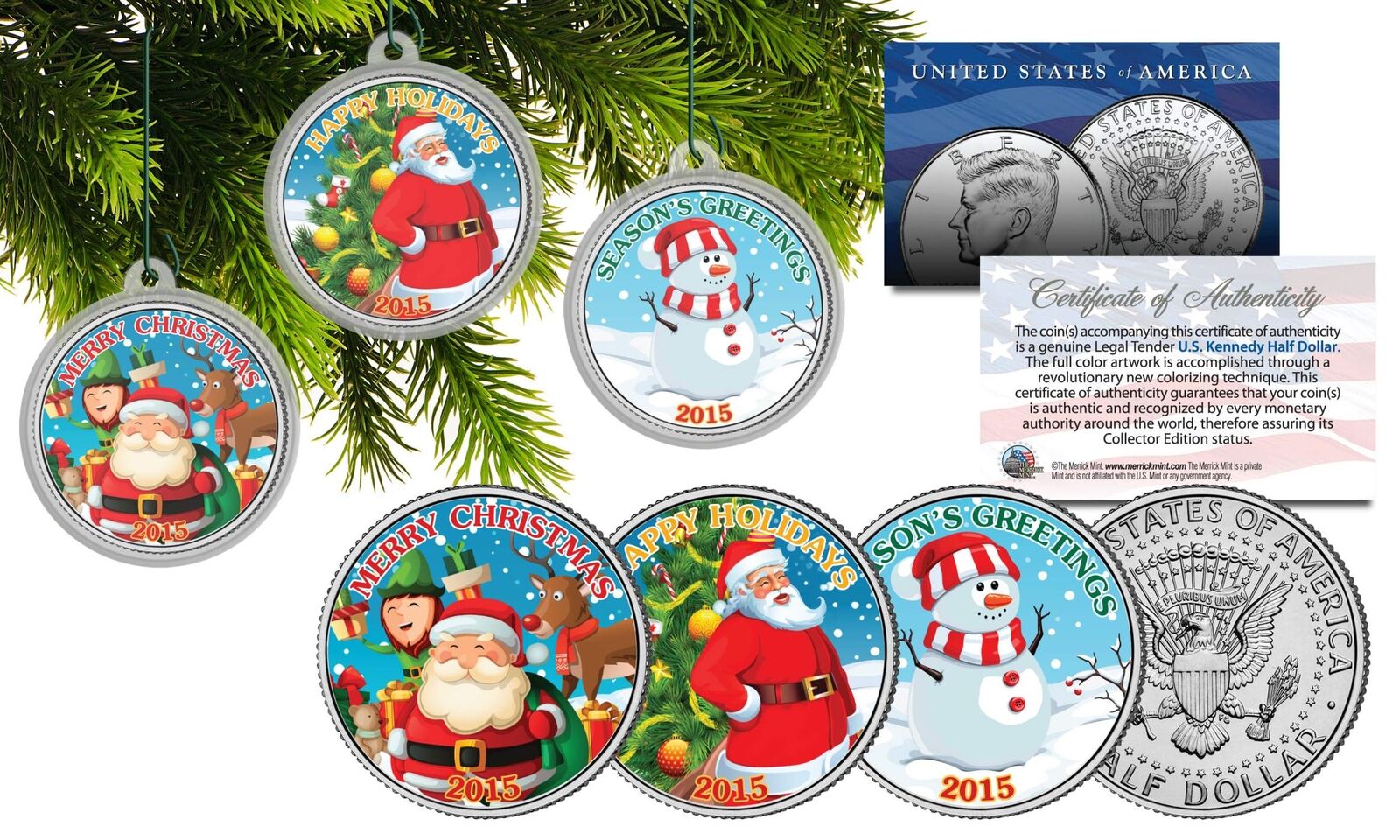 MERRY CHRISTMAS 2015 JFK Half Dollar 3-Coin Set Ornaments with Snowman & Santa
