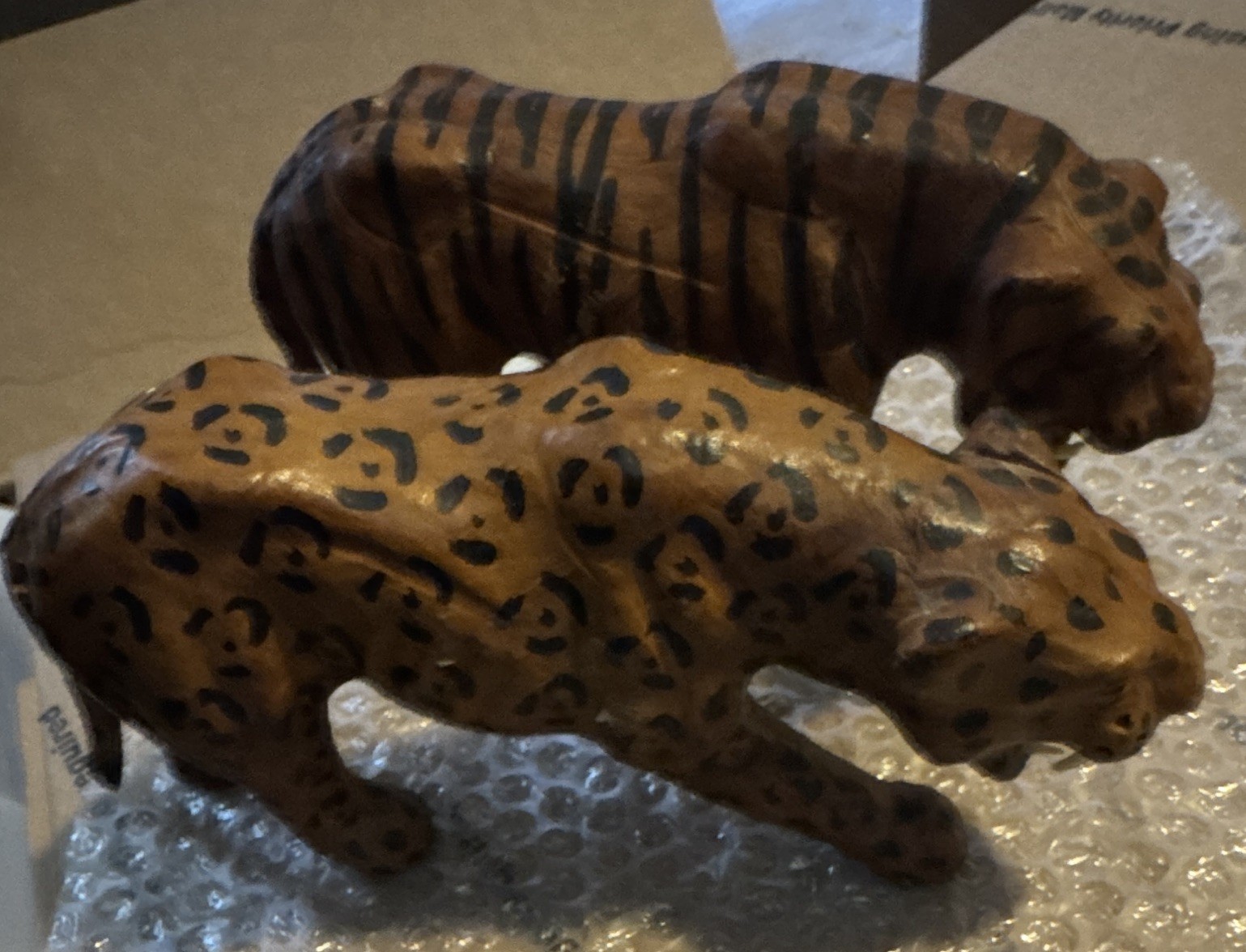 Vintage Leather Wrapped Tiger And Leopard Figures