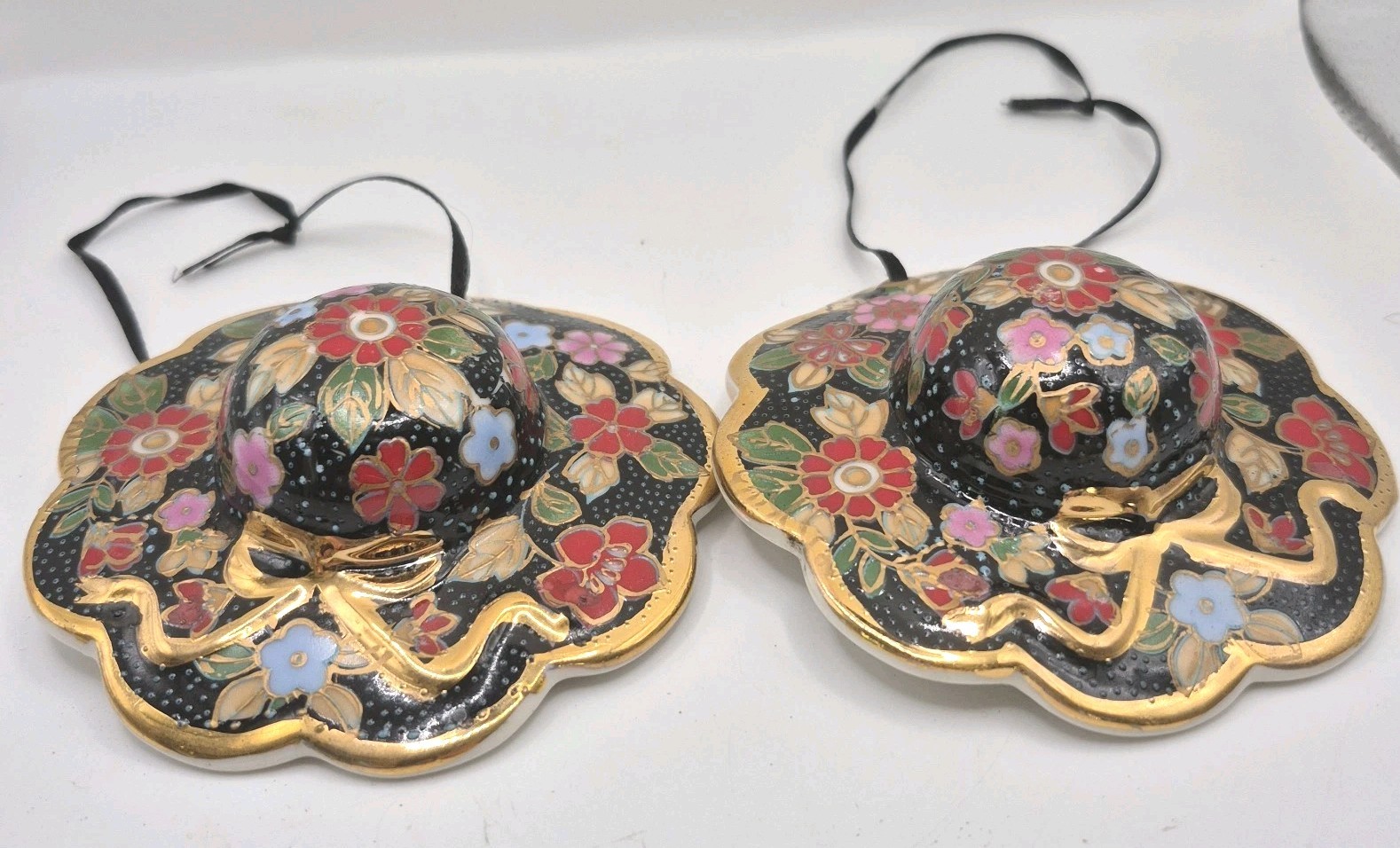 Vintage Japanese Satsuma Style Porcelain Hat Ornaments Pair Black Gold Gilt Vintage Japanese Satsuma Style Porcelain Hat Ornaments Pair Black Gold Gilt